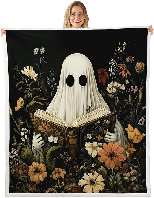 Manfei Halloween Throw Blanket Cute Ghost Reading Theme Fleece Blanket, Wildflower Leaves Print Cozy Throws for Bed Couch Sofa, Kids Girls Room Decor, Soft and Breathable(90 x 90 Inches)