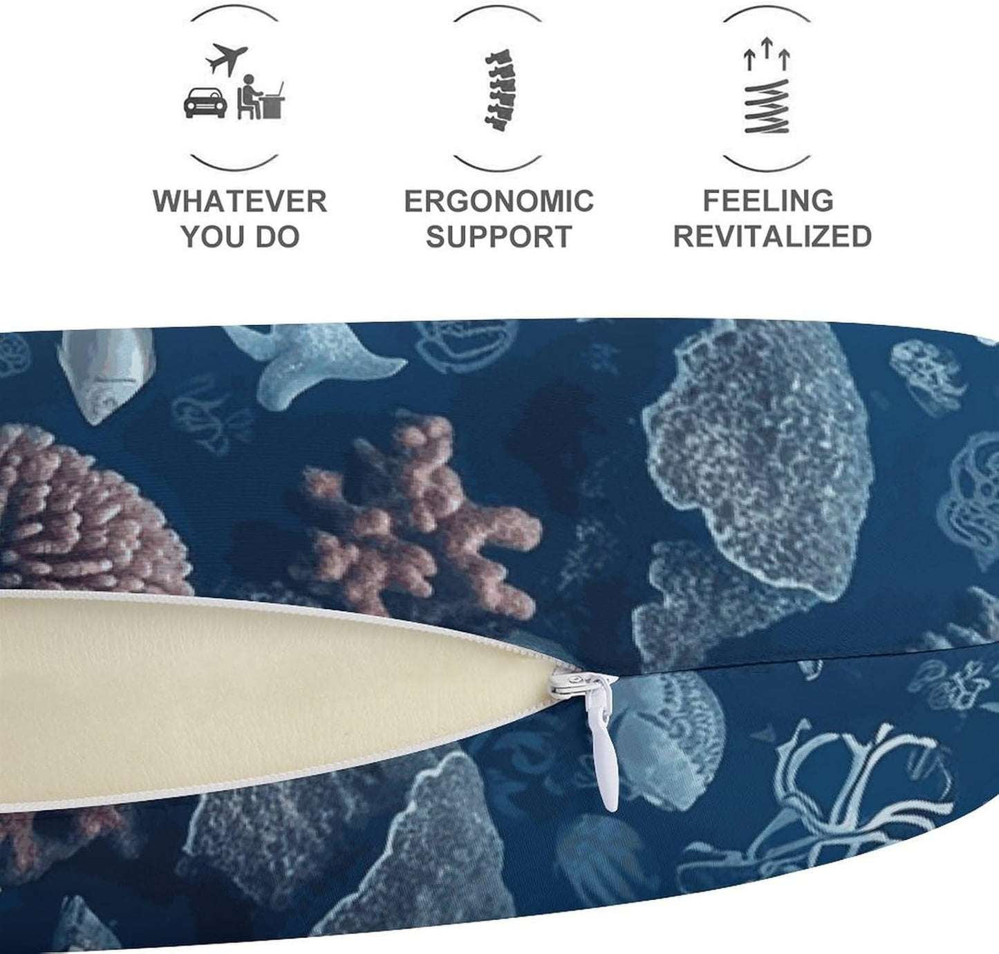 Underwater Marine Life Neck Pillow Memory Foam U Shaped Pillows Portable Pillows for Shoulder Travel Head Support Pillow with Concealed Zipper for Airplane Car Home Office