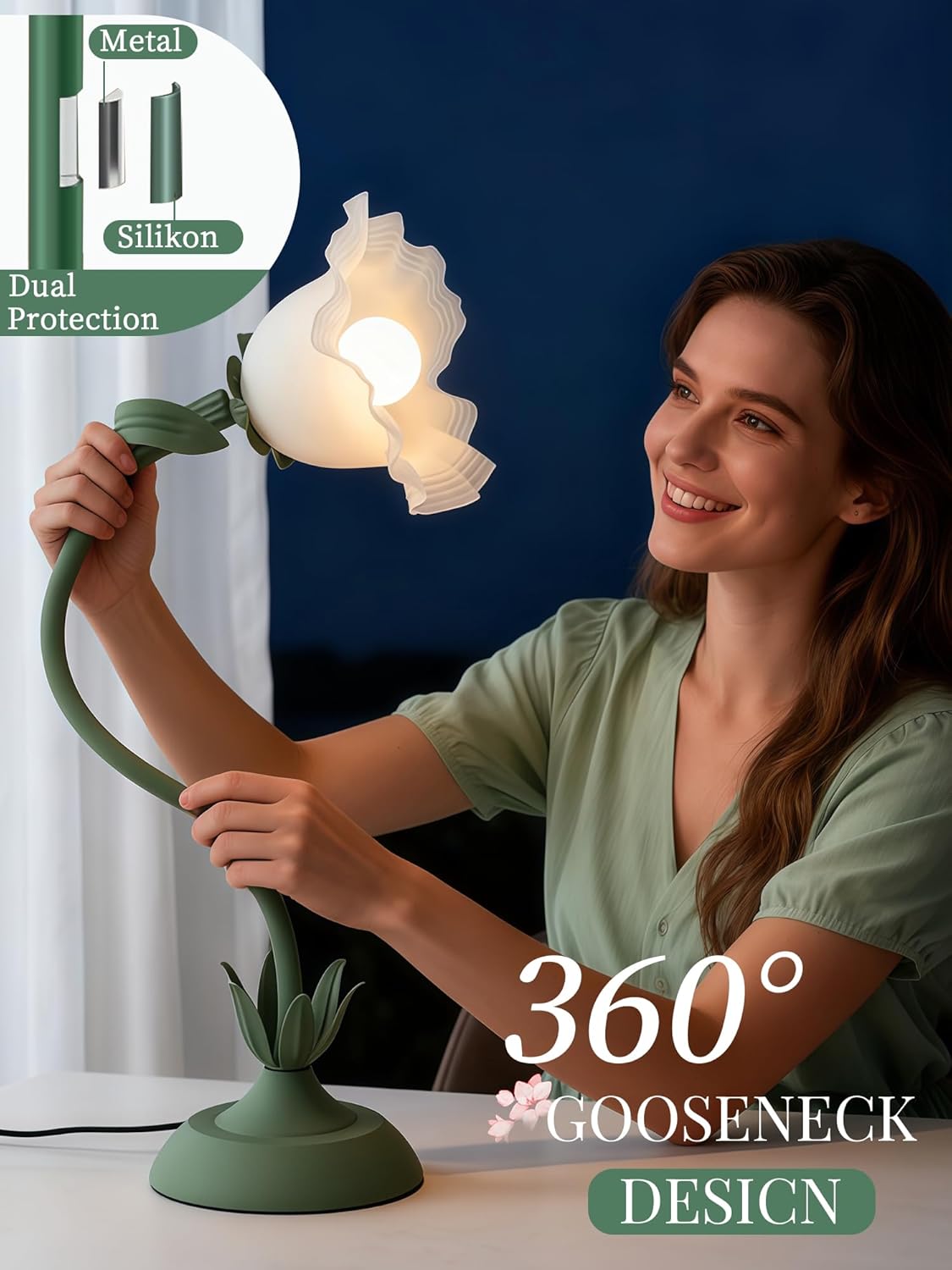 Flower Table Lamp, LED Reading Light Bedside Vintage Flower Desk Lamp, 3 Color Modes Kawaii Bedside Lamps, Nightstand Table Lamps for Living Room Office Bedroom Lighting Home Decor (Green)