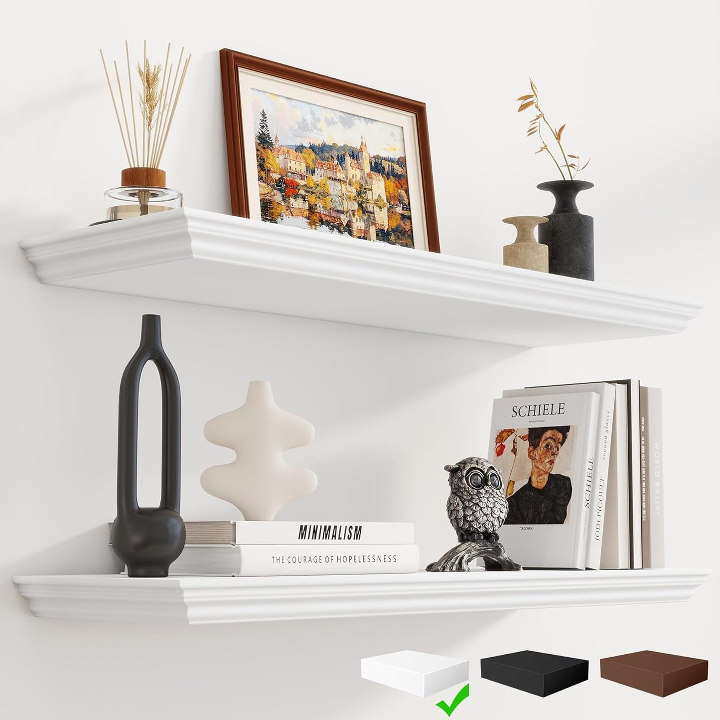 Fun Memories Floating Shelves 32 Inch Long, 9.3 Inch Deep Classic Crown Molding Floating Shelves for Wall, Rustic Wooden Shelves for Wall Decor Bathroom, Kitchen, Office, (White, 2Pack)