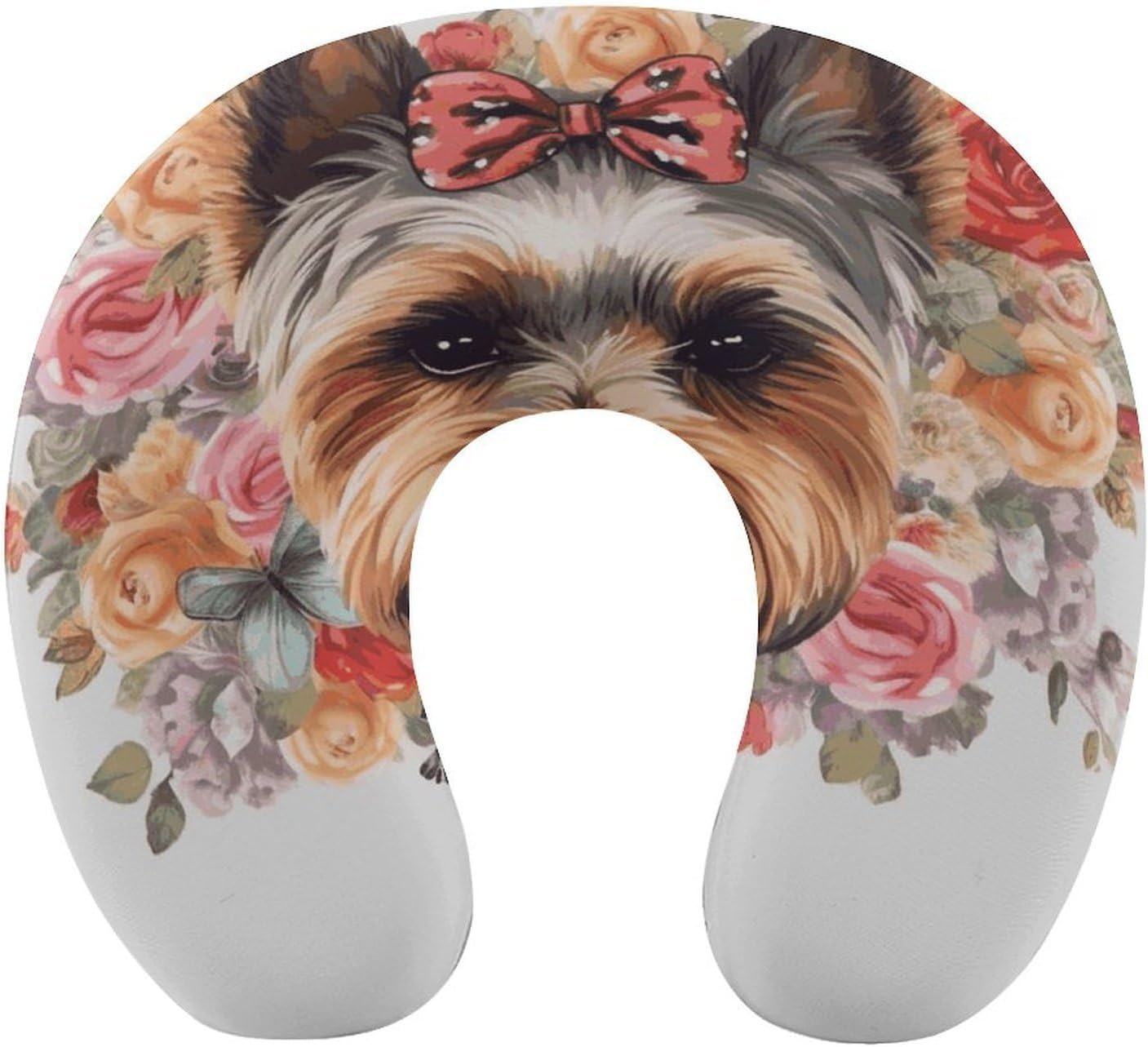 Yorkie Floral Neck Pillow Memory Foam U Shaped Pillows Portable Pillows for Shoulder Travel Head Support Pillow with Concealed Zipper for Airplane Car Home Office
