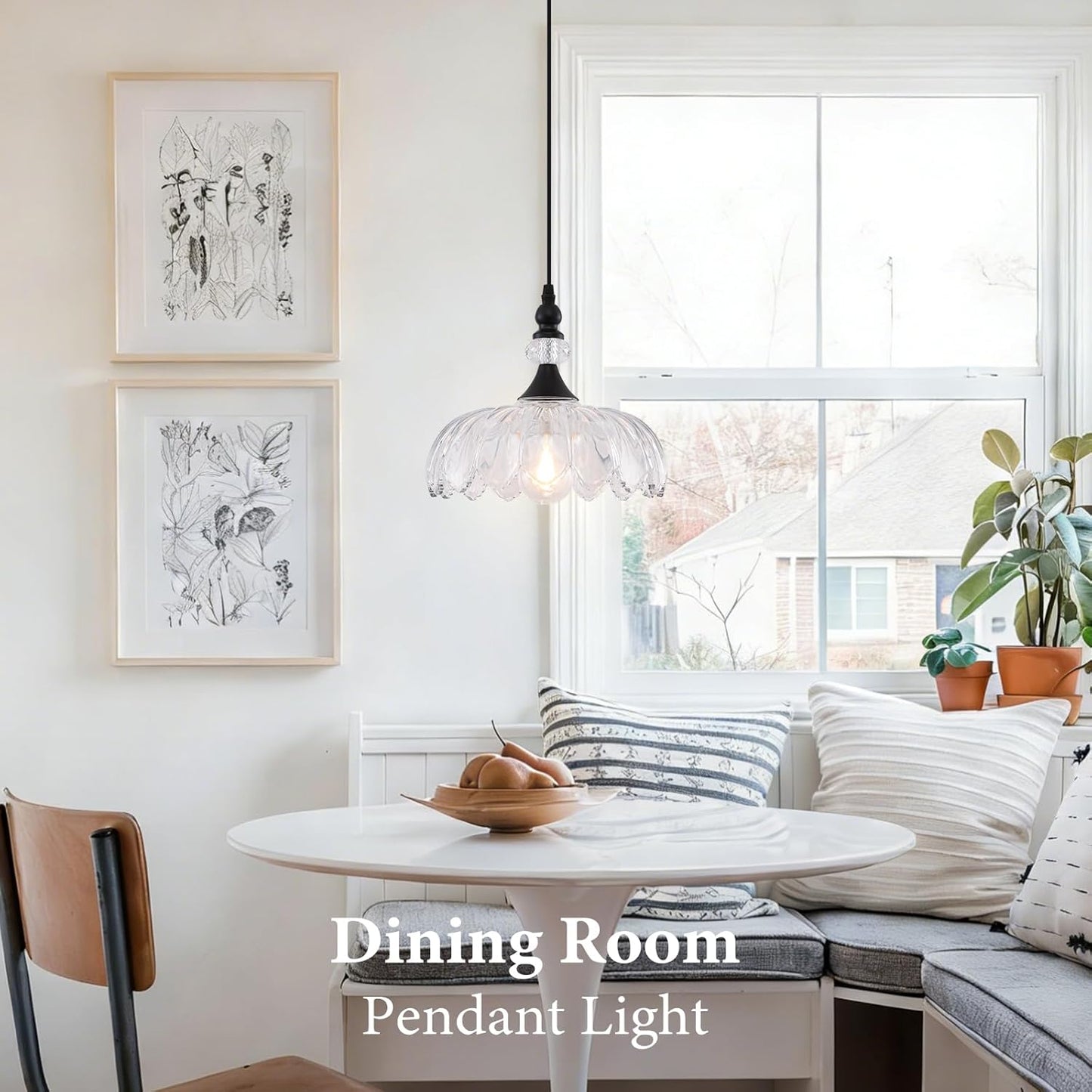 Vintage Pendant Light, Matte Black Pendant Light with Glass Shade, Farmhoue Pendant Light Fixture, Pendant Lighting for Kitchen Island, Dinnng Room, Living Room, Bedroom, Hallway