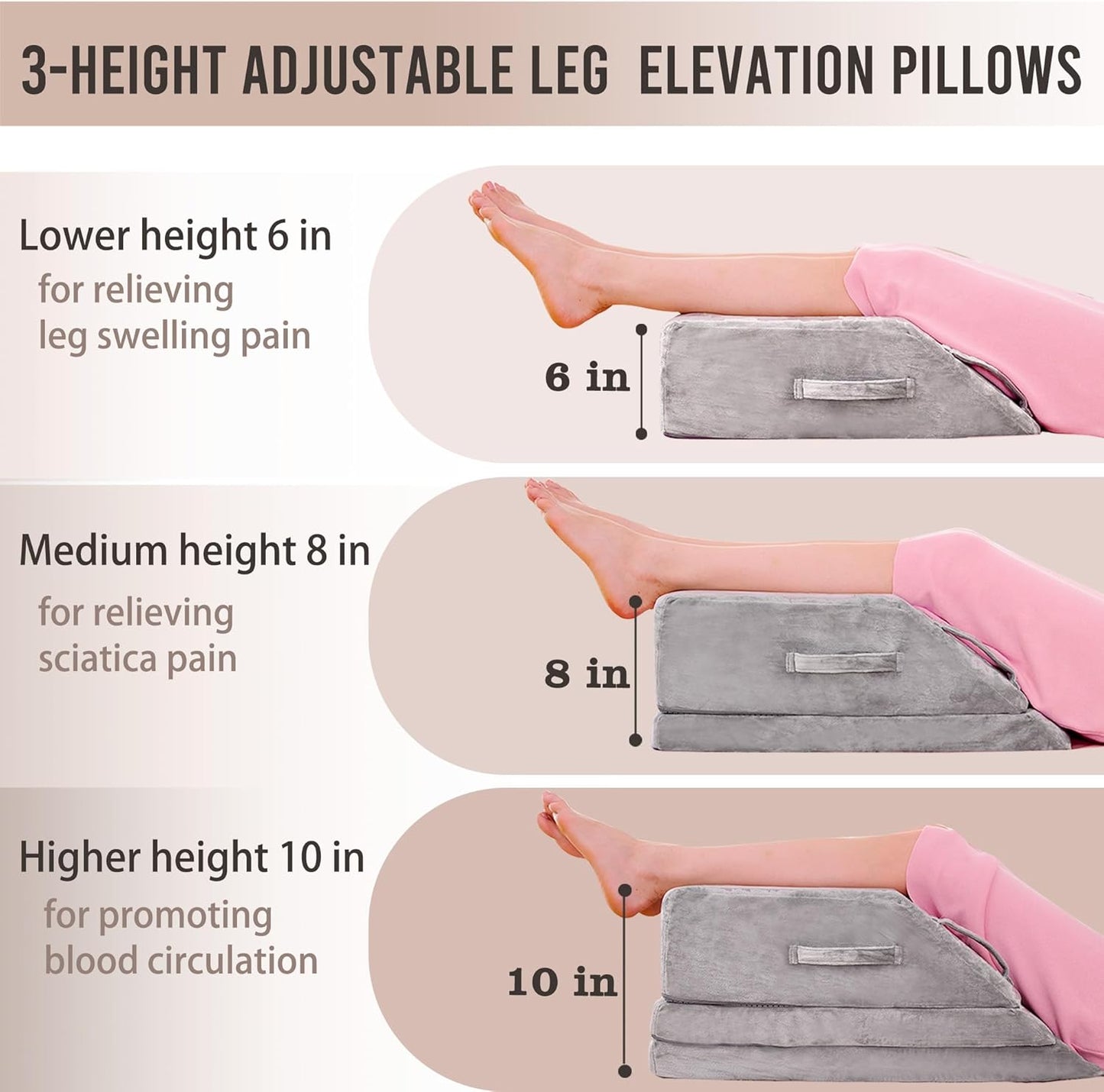 Wedge Pillow for Sleeping, Bed Wedge Pillow for After Surgery 3-Height Memory Foam Leg Elevation Pillow for Swelling Back Pain Relief Sciatica Knee Ankle Pain Bed Support Legs 6"-10”