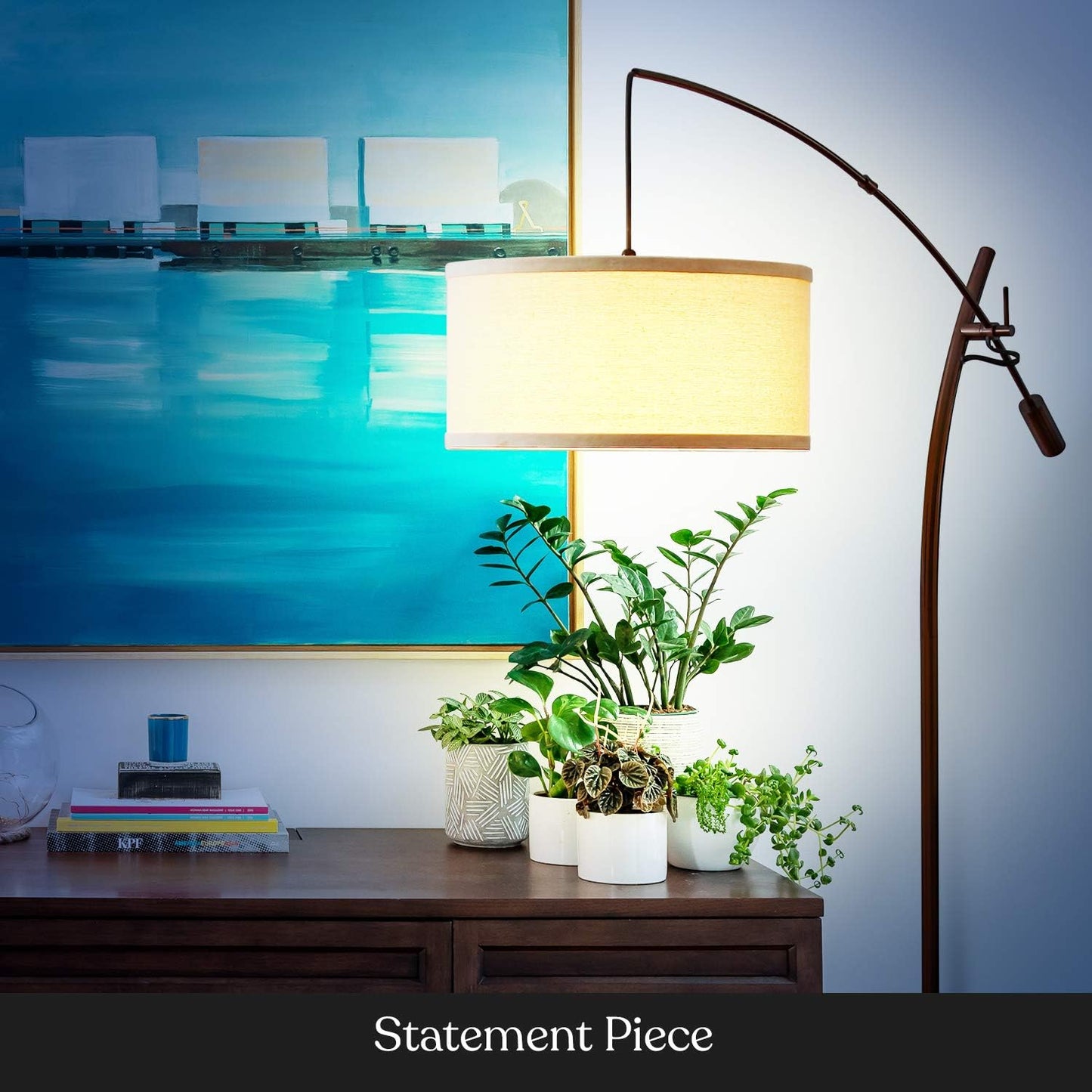 Brightech Grayson LED Floor Lamp, Modern Arc Lamp with Linen Shade for Office & Living Room, Tall, Height Adjustable Industrial Standing Lamp for Bedroom Reading, Over The Sofa - Bronze