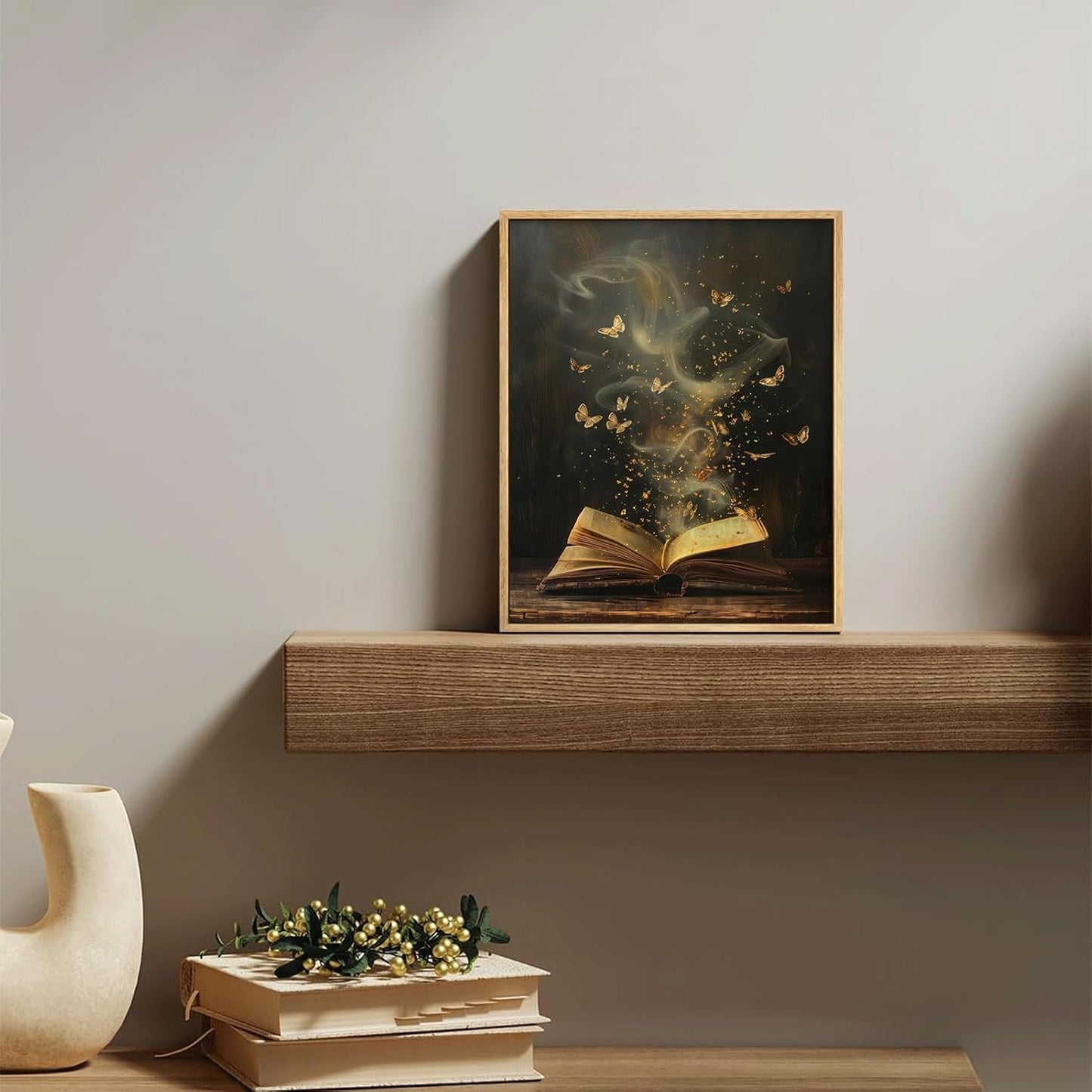 Framed Moody Victorian Bookish Wall Art Dark Academia Library Canvas Wall Decor Picture Vintage Reading Nook Butterfly Aesthetic Painting Poster Print for Gallery Library Bookstore Decoration 8x10in
