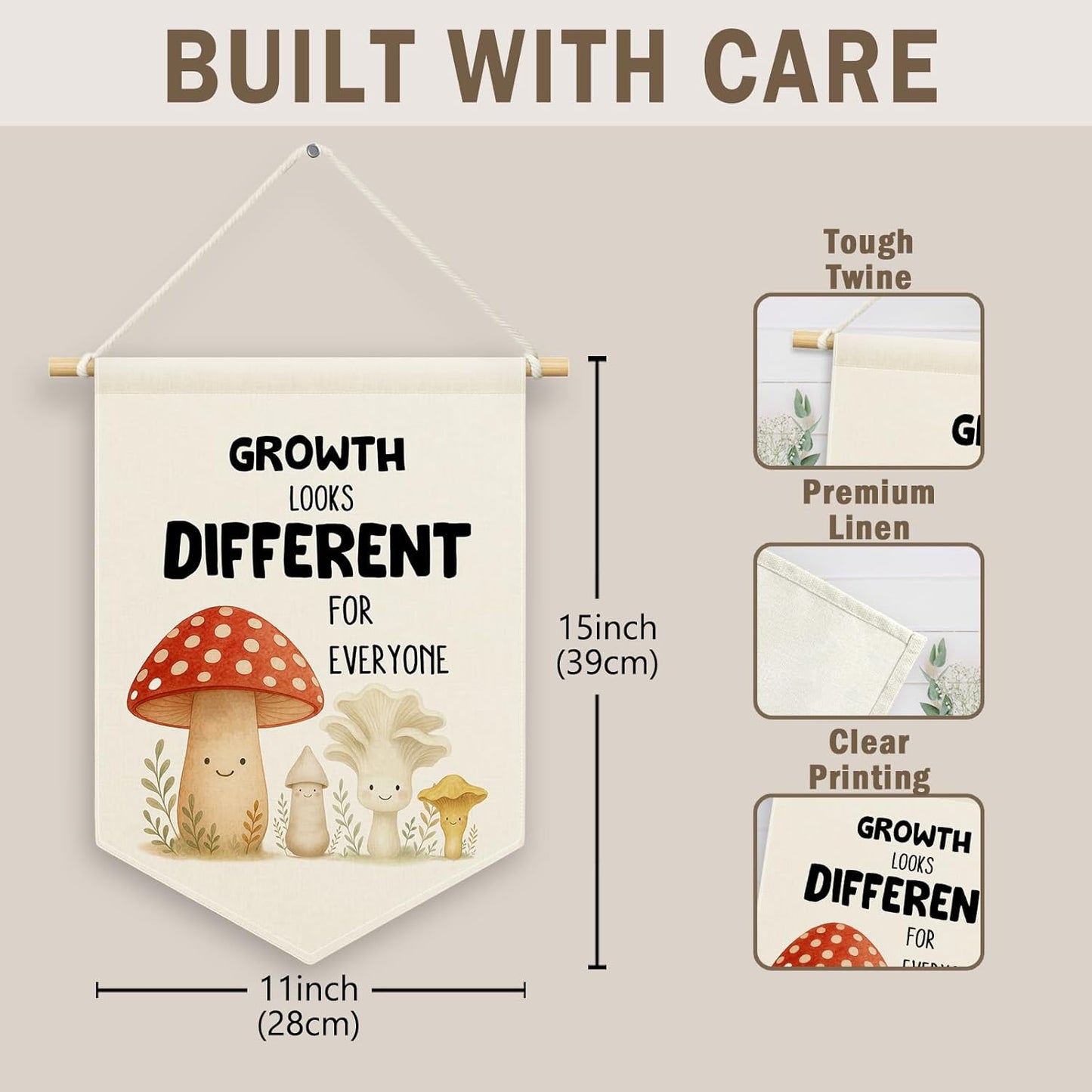 Mental Health Mushroom Kids Room Decor, Cute Nursery Classroom Banner Canvas, Growth Looks Different for Everyone Wall Hanging Frame Decor Art Pennant Flag for Toddler Room Playroom 11x15in