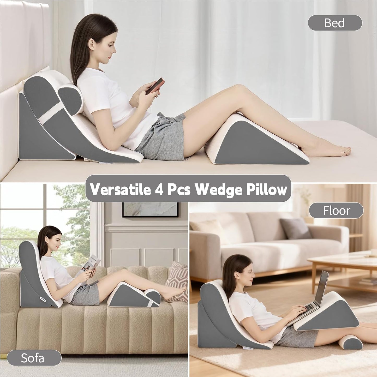 4PCS Orthopedic Bed Wedge Pillow Set for Post Surgery & Pain Relief, Adjustable Wedge Pillow for Back,Acid Reflux,Sitting up in Bed,Recovery,Snoring,Body Pillow for Sleeping (White/Dark Grey)