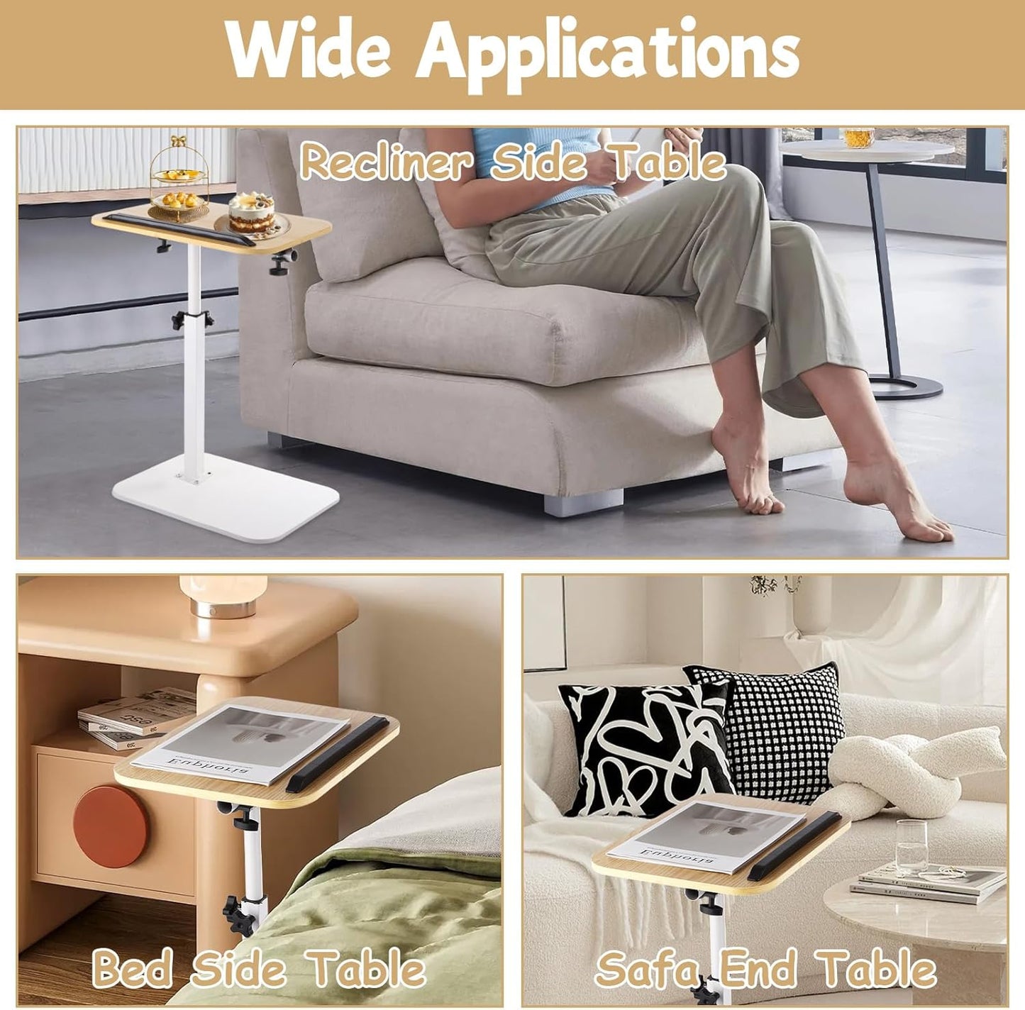 Couch Table Tray, Adjustable Height 360° Swivel Sofa Side Table for Couch, C Shaped End Table for Living Room and Bedroom