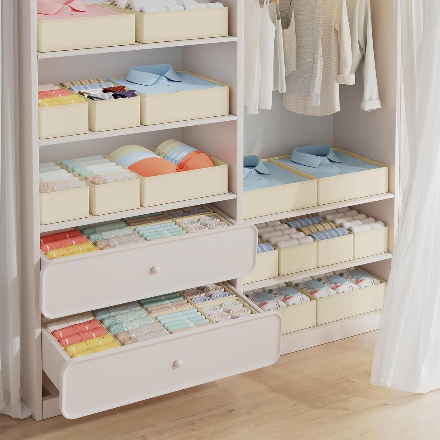 DIMJ Drawer Organizer Clothes 15 Pack - Foldable Baby Organizers and Storage & Closet Organizers for Bedroom, Closet - Nursery Organization Dresser Dividers for underwear, Sock,Bra, Belt, Tie, Beige
