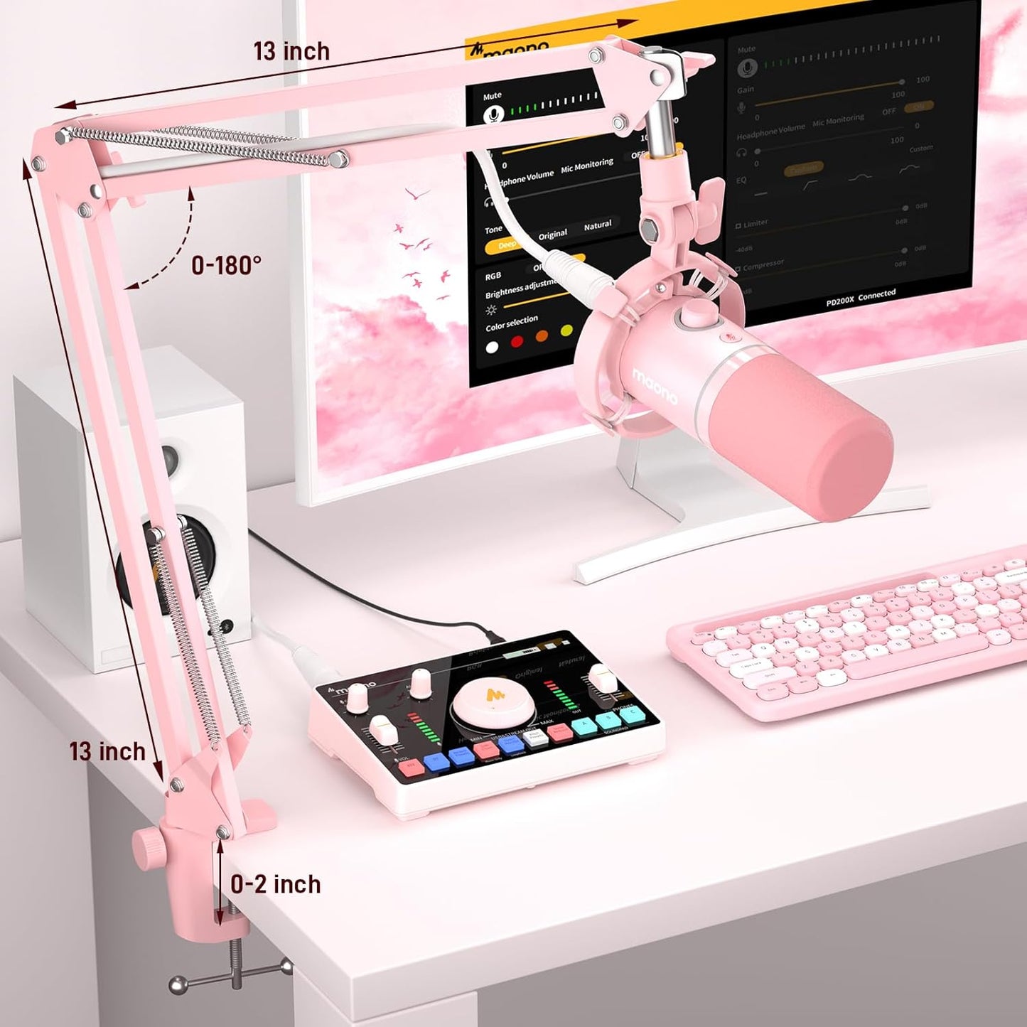 MAONO XLR/USB Dynamic Microphone Kit, RGB Gaming Mic with Software, Mute, Gain Knob, Volume Control, Boom Arm for Streaming, Podcasting, Voice-Over, Recording-PD200XS Pink