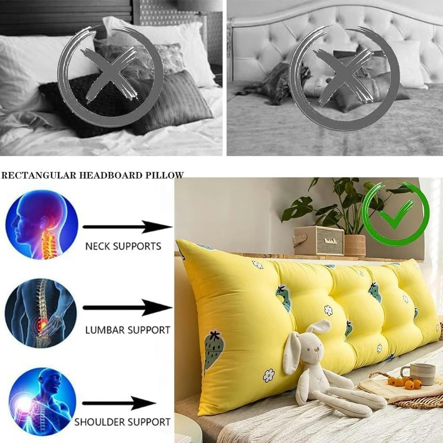 Shaped Reading Pillow, Detachable Support Strip Pillow Pregnant Women Pillow Cute Bed Head Slabs Bedside Cushion Pads Bed Rest Pillows(Yellow,100 * 20 * 50cm)