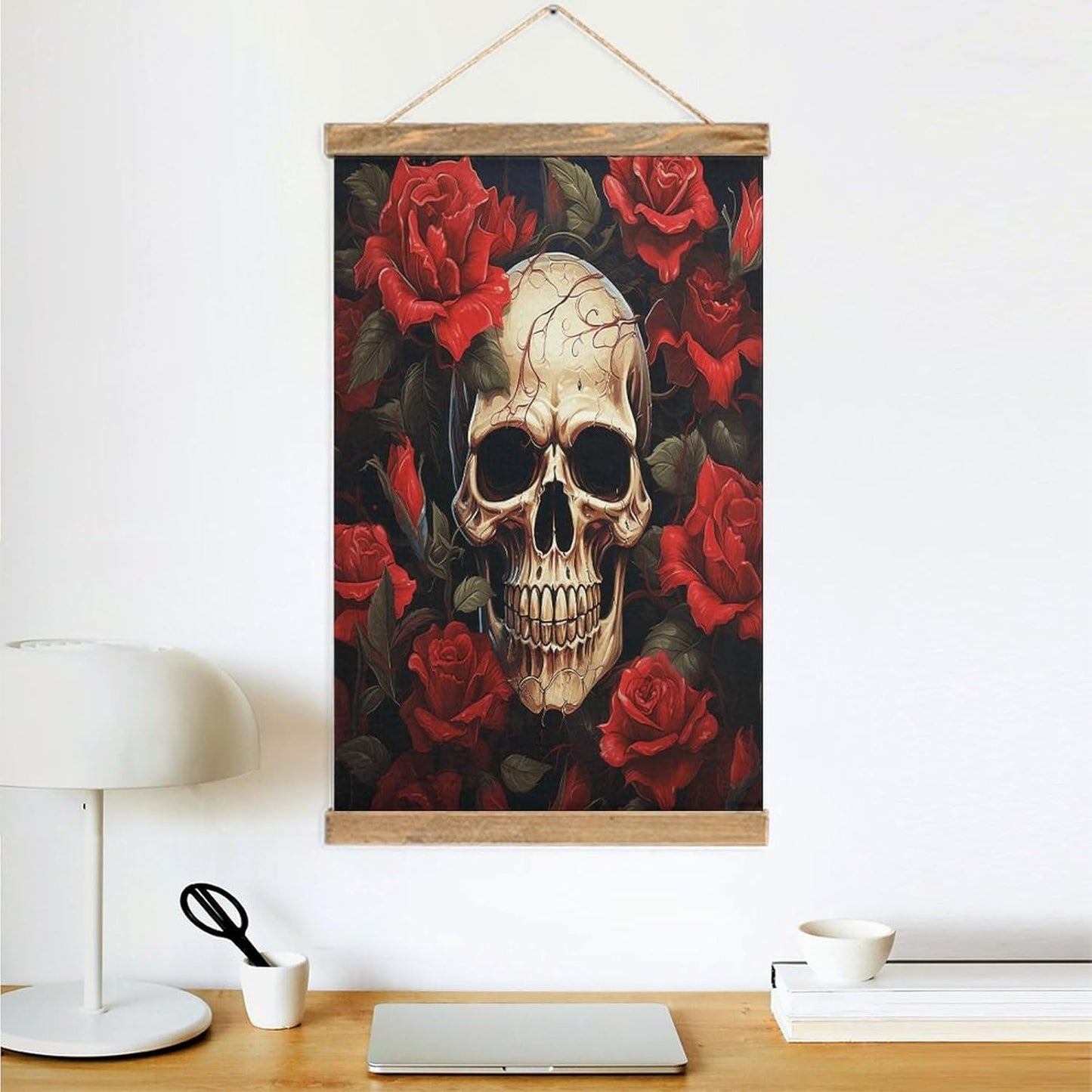 Vintage Skull Rose-Red Poster with Wooden Frame Personalized Linen Hanging Scroll Painting Rustic Wall Hanging Illustrative Modern Artwork Decor for Home Living Room Bedroom Office