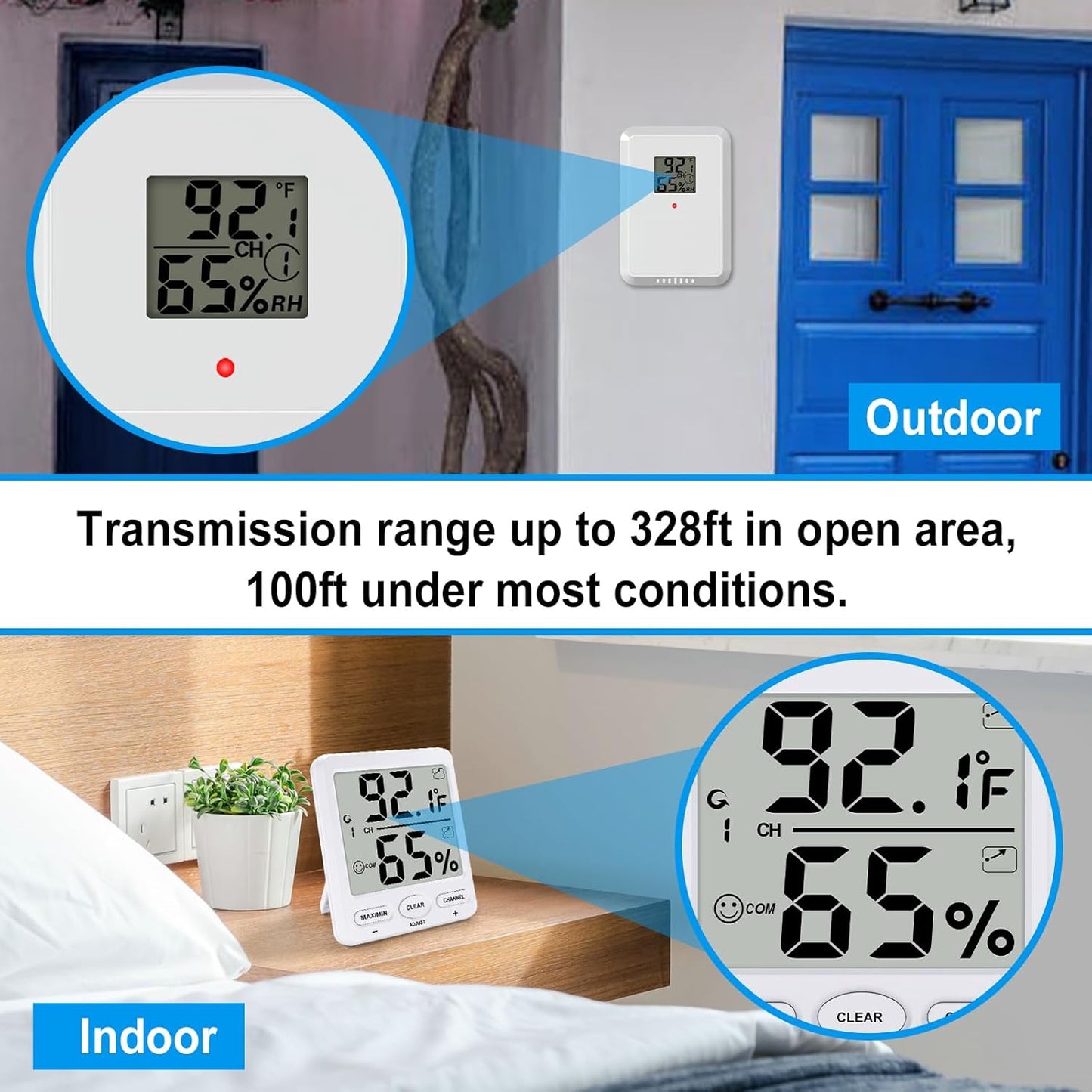 Urageuxy Indoor Outdoor Thermometer Wireless Digital Hygrometer Temperature and Humidity Gauge Monitor with Remote Sensor 4.8 Inches Large Display for Room Greenhouse Garden
