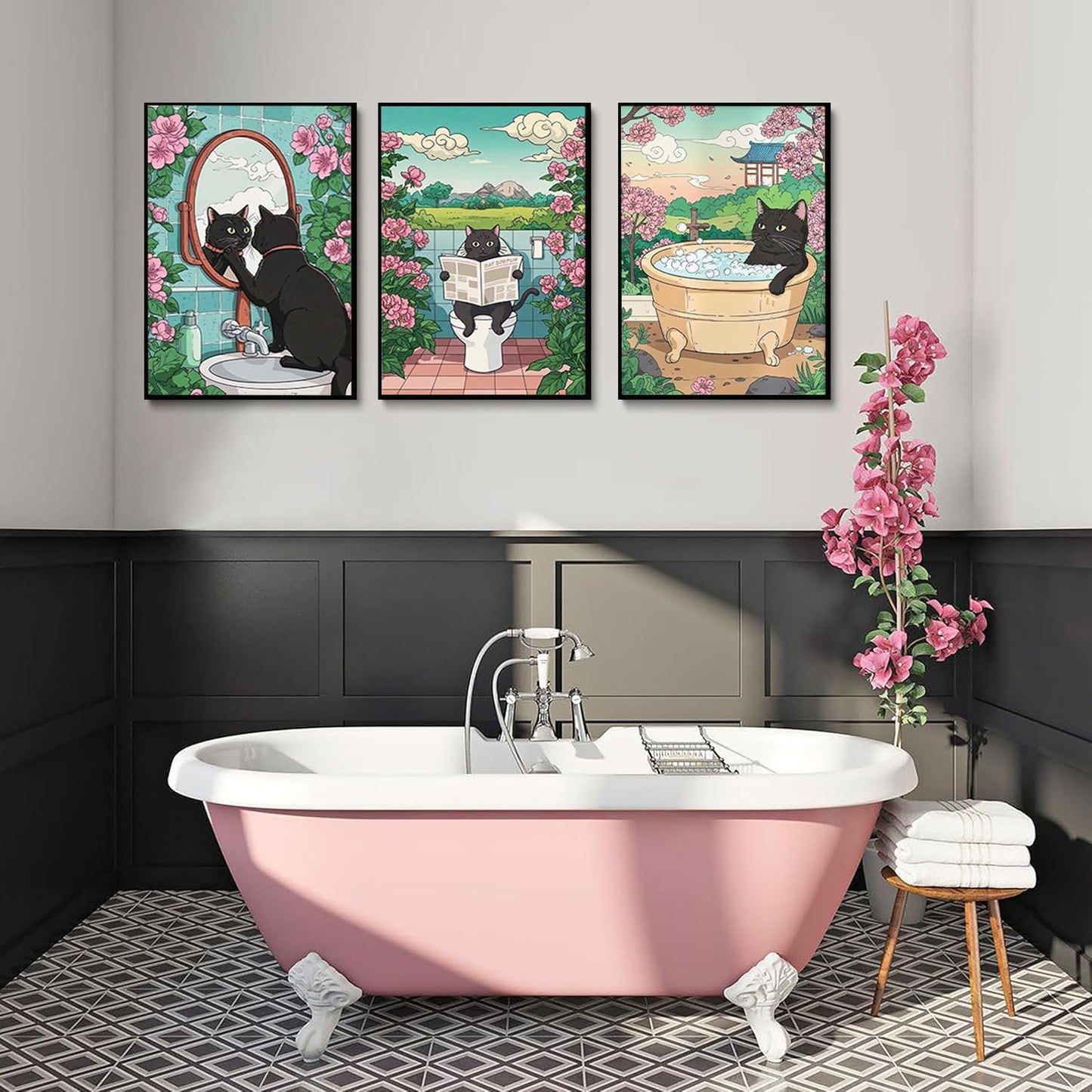 3pcs Funny Bathroom Black Cat Canvas Wall Art Cute Kitten On Toilet Posters Prints Vintage Japanese Cat In A Bathtub And Flowers Pictures Wall Decor for Washroom Bathroom Decoration Unframed