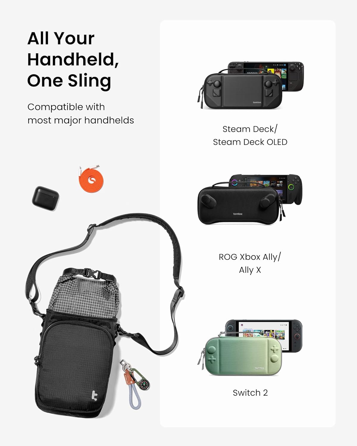tomtoc Sling Bag for Handheld Gaming Console Slim Case, Crossbody Travel Carrying Pouch for Steam Deck, ROG Xbox Ally X, Switch 2, PS Portal Case, Roll-top Bag for Charging Cable & Accessories