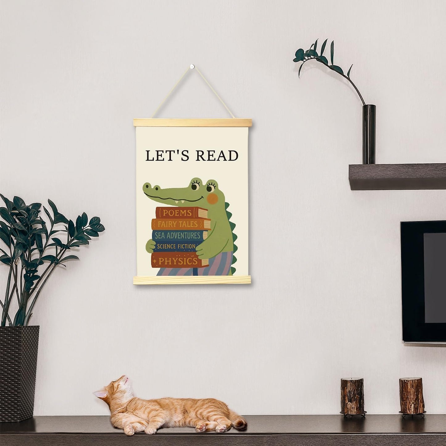 HONPHAX Cute Crocodile Nursery Educational Wall Art Poster Hanger Frame, Let's Read Wall Decor Kids Room Bedroom Playroom Decor Canvas Posters -014