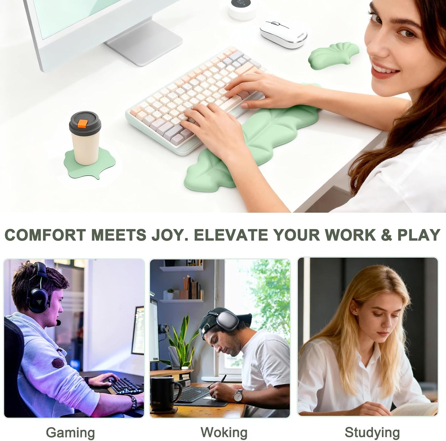 Ergonomic Leaf Keyboard and Mouse Wrist Rest Set, Extra Wide & Thick Memory Foam for Carpal Tunnel Pain Relief, Non-Slip Base, PC/Mac/Laptop, Gift for Office Work, Gaming