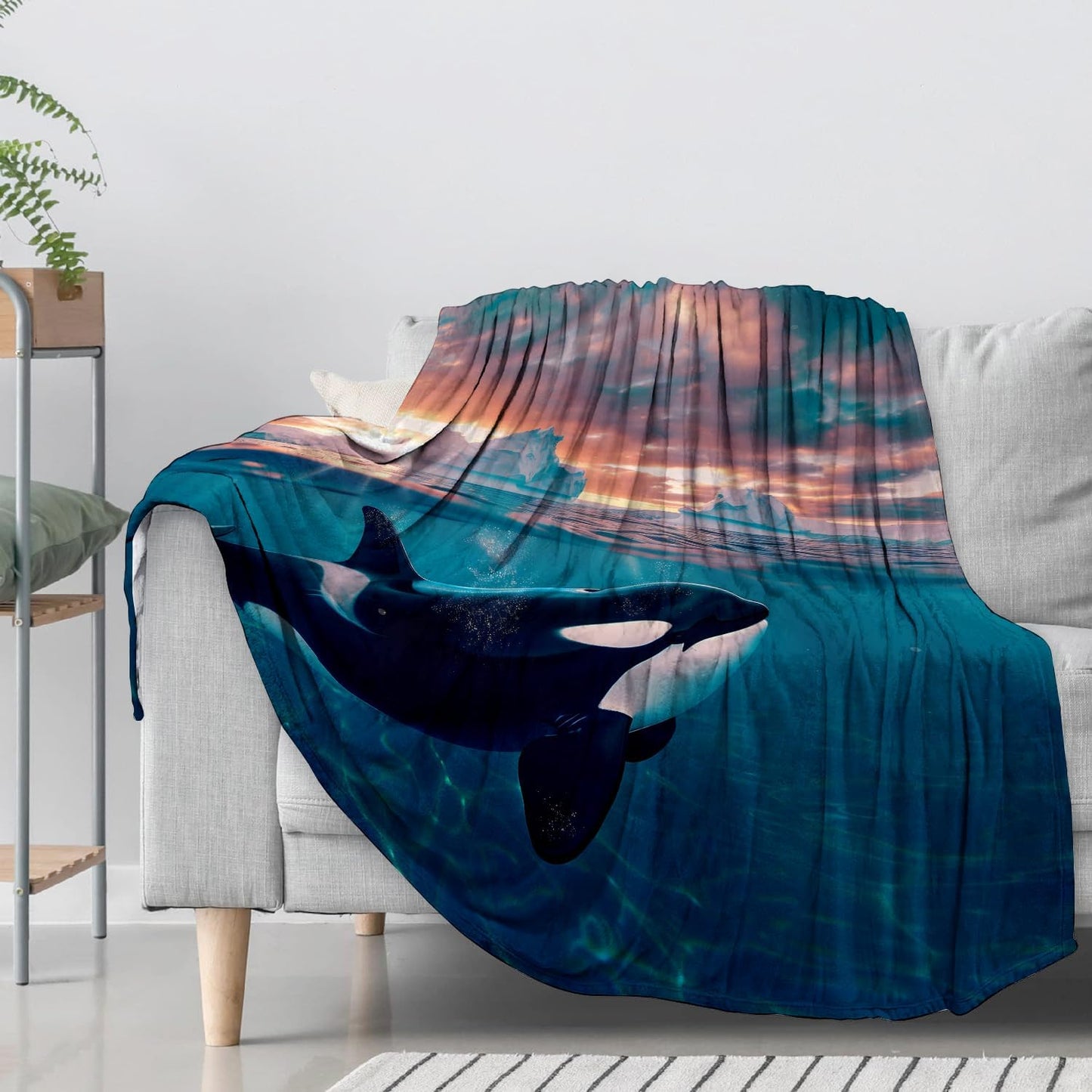 Orca Ocean Flannel Throw Blanket 50x60 Inch, Realistic Killer Whale Underwater with Iceberg and Sunset Sky Blankets Soft Cozy Fleece Throws for Marine Lover Bed Sofa Living Room Decor Gifts