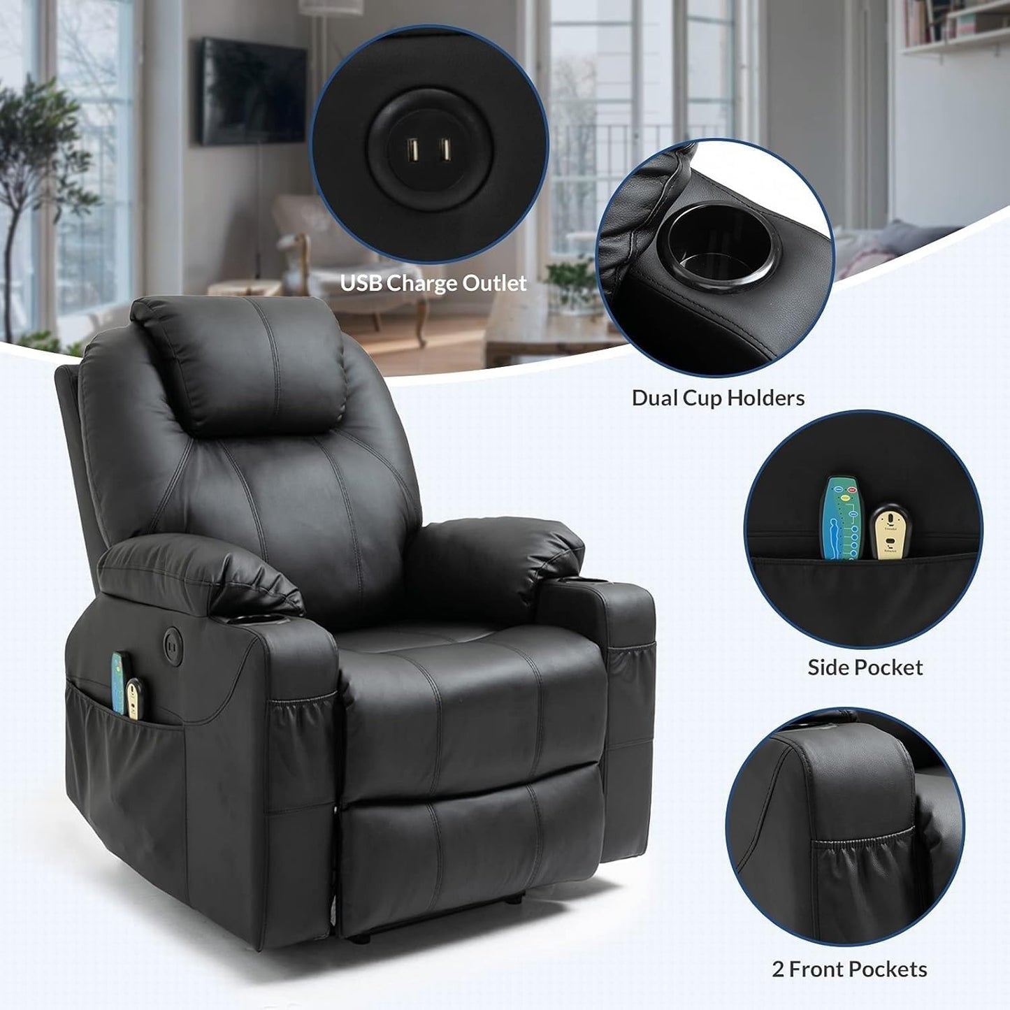 Power Lift Recliner Chair for Elderly, Adjustable Electric Recliner with Heat and Massage, Leather Power Recliner Chair with USB Ports, Cup Holders and Side Pockets