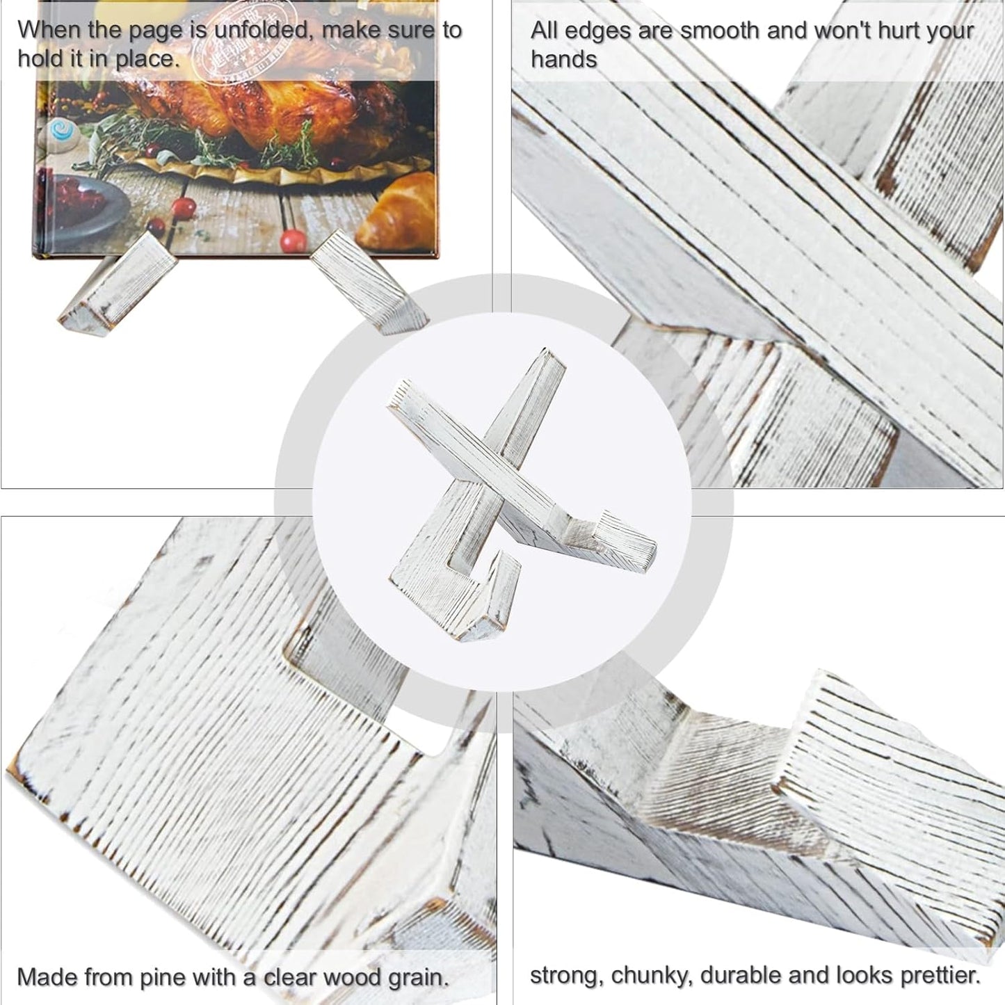 Cross Design Cookbook Stand - Beautiful Wood Texture, Stable Structure - Wooden Recipe Book Holder- Multifunctional Display Stand, Kitchen Counter Decor - White