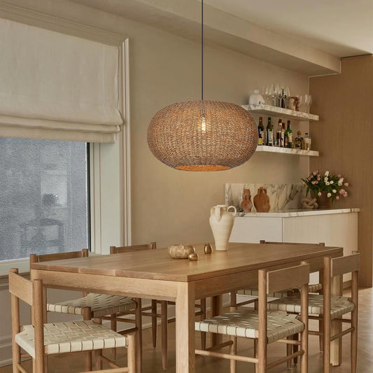 Boho Pendant Lights Kitchen Island, 15.72" Hand-Woven Rattan Lighting Fixture Bohemian Farmhouse Dome Weaving Ceiling Hanging Lamp Chandelier for Living Dining Room Restaurants