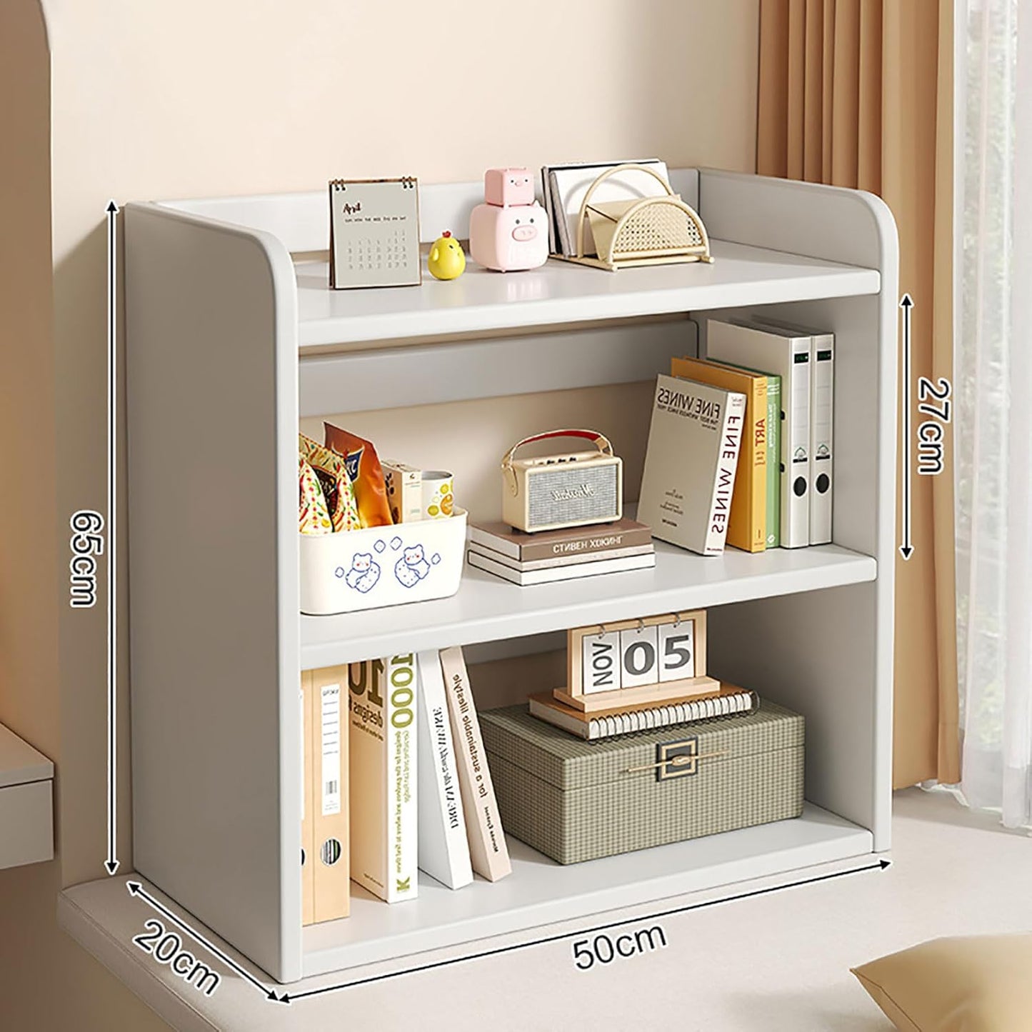 3-Tier Solid Wood Bookshelf, Freestanding Horizontal Desk Organizer for Small Spaces, Compact Desktop Storage Shelf, Modern Corner Bookcase (Size: 50x20x65cm, Color: C)