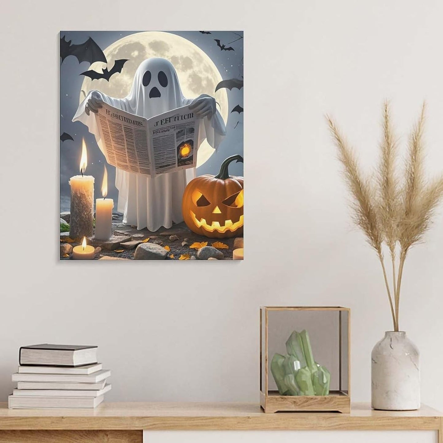 Wall Decor Decorative Wall Art Ghost Reading Cotton And Linen Hanging Poster Framed Wall Artwork Gallery Aesthetic for Bedroom Living Room Bathroom 16x20inch(40x50cm)