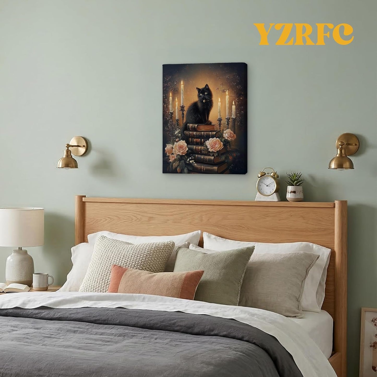YZRFC Dark Academia Black Cat Wall Art Framed, Vintage Floral Moody Black Cat Book Art Wall Decor Canvas Artwork Poster for Home Bedroom Reading Nook Corner, 11x14 Inch