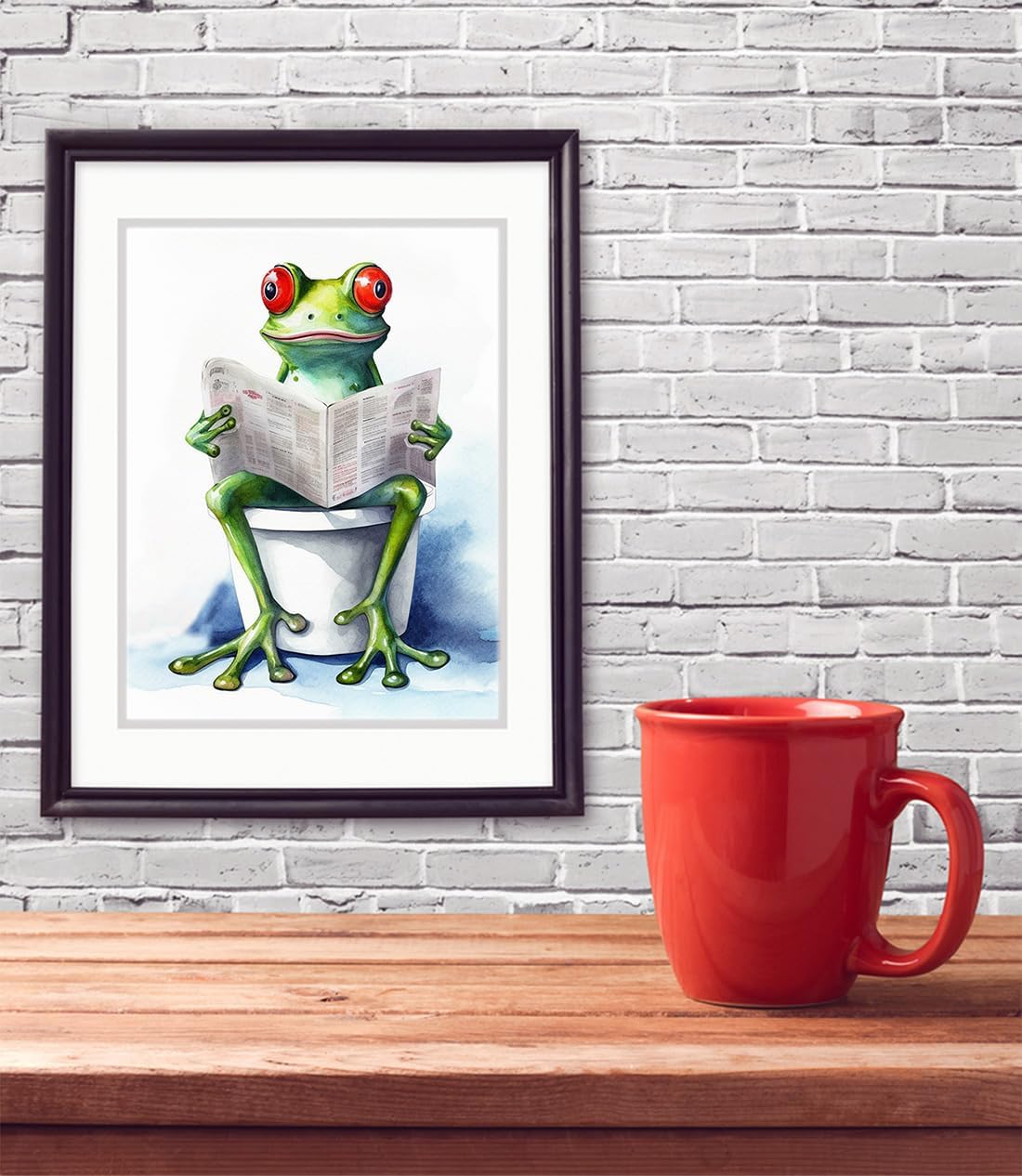 Funny Frog Sitting on the Toilet Reading a Newspaper 11x14 Unframed Wall Art Print - Cute Unique Christmas Birthday Mothers Day Cheerful Animal Print Gift Idea for Mom and Fun Humor Bathroom Decor