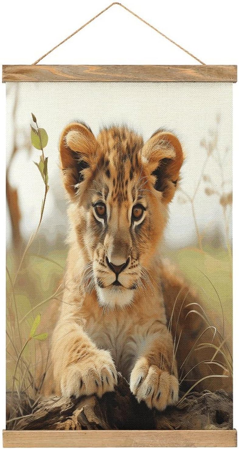 Vintage Cute Little Animal Lion Poster with Wooden Frame Personalized Linen Hanging Scroll Painting Rustic Wall Hanging Illustrative Modern Artwork Decor for Home Living Room Bedroom Office