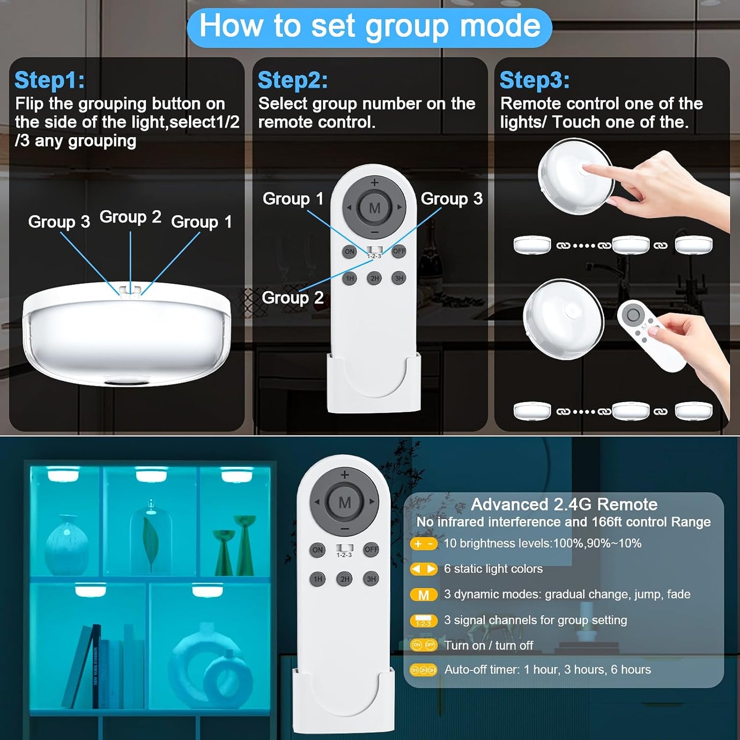 Rechargeable Shower Light, 15 Color Changing Mood Light with Remote, 2600mAh Battery, No Wiring, for Shower, Bathroom, Closet, Bedroom, Livingroom (3Pack-White, 3Pack)