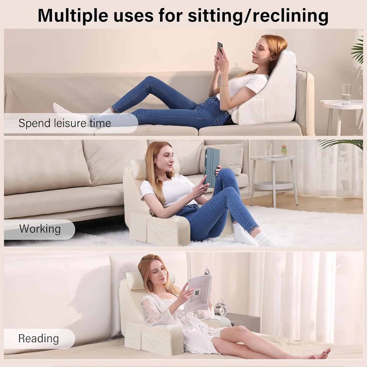 ENITYA 19" Back Pillow for Bed Sitting up, Big Pockets and Washable Removable Cover, Reading Chair for Watching TV/Reading/Gaming/Resting in Bed, Couch or Floor, Medium(Ivory)