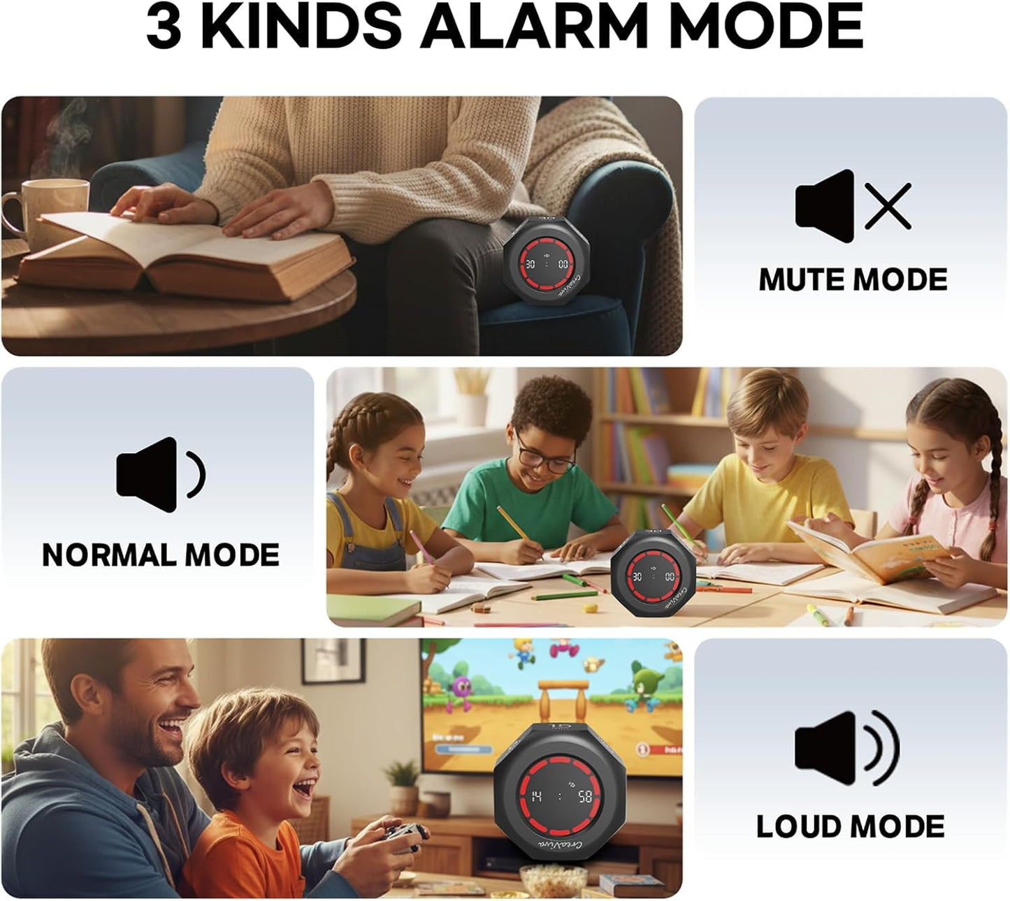 Flip Cube Pomodoro Timer - Rechargeable Visual Countdown & Count Up Stopwatch, 7 Preset Intervals, 3 Alarm Modes, Productivity Tool for ADHD, Kids, Study, Work & Kitchen (Gray)