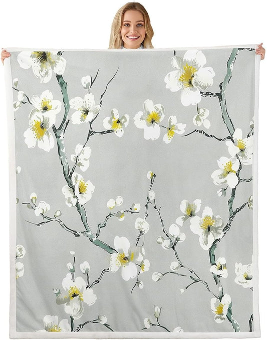 Feelyou Grey Boho Floral Throw Blanket Vintage Flowers Soft Fleece Sherpa Cozy Fuzzy Plush Warm Garden Fuzzy Plush Throw 40"x50" for Bed Couch Living Room