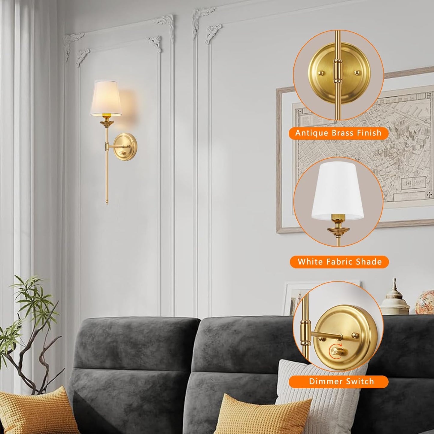 Dimmable Plug in Wall Sconces Set of 2, Gold Bedside Wall Lamp with Knob Dimmer Switch and 6.5FT Electric Cord, Mid Century Modern Bathroom Wall Light Fixture for Bedroom Living Room