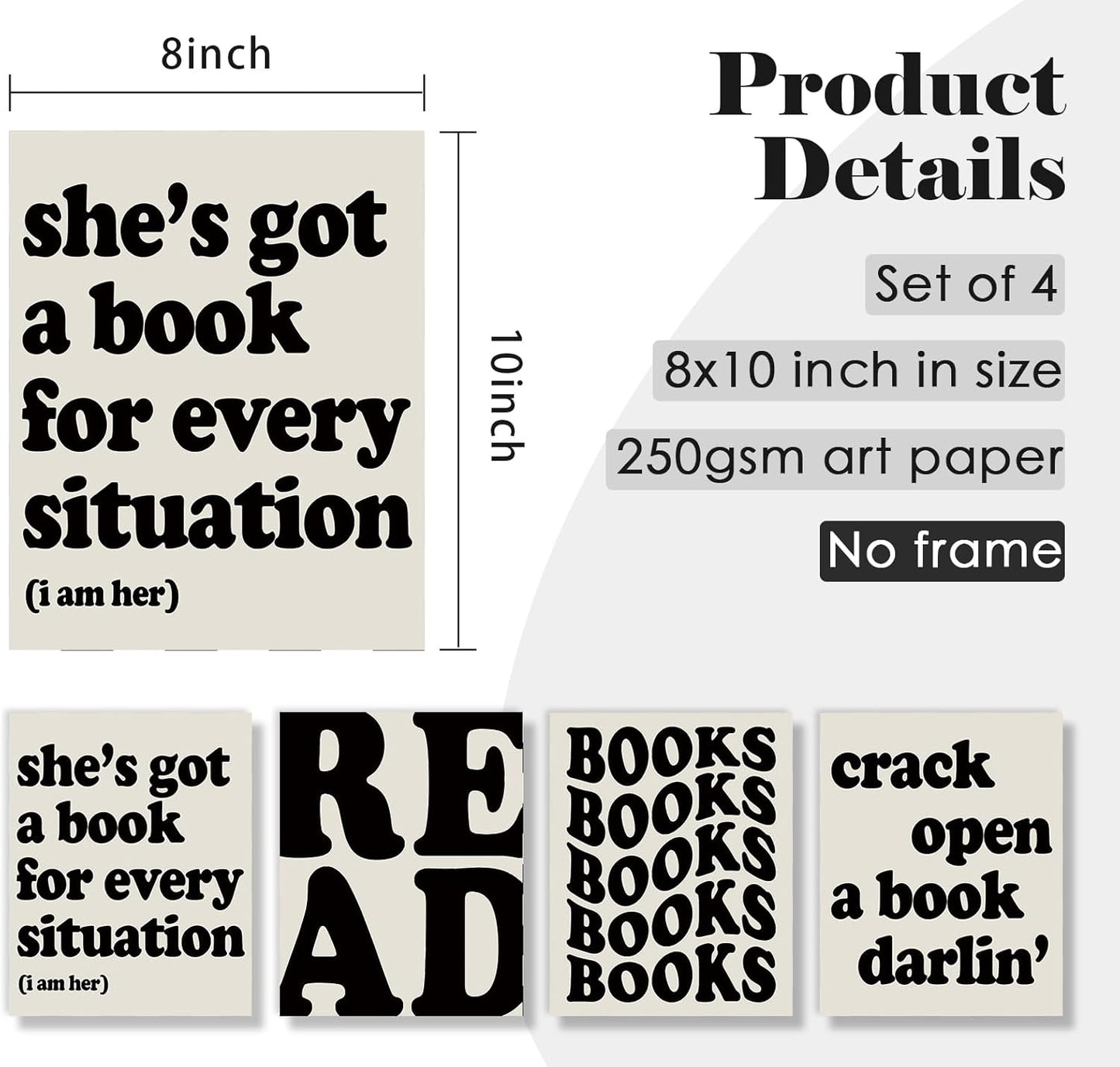 ULEGIE Book Decor, Book Club Decorations Reading Wall Art Decor, Reading Posters for Library, Vintage Books Wall Art Prints for Reading Corner Classroom Girl Room, 8x10 Inch Unframed