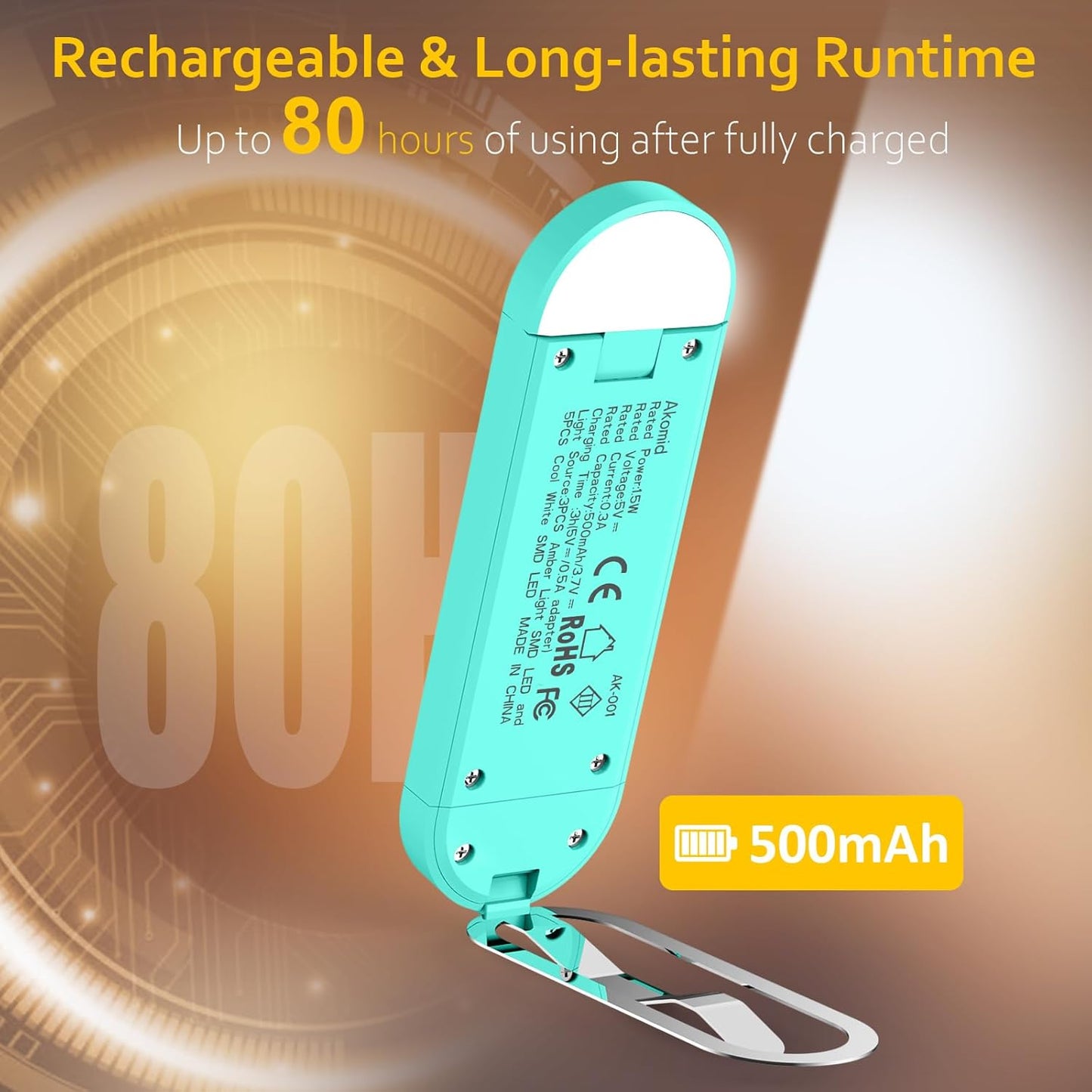 USB Rechargeable Book Light for Reading in Bed, 8 LEDs Bookmark Style Clip on, Eye-Cared Amber Light Mode for Kids, Blue Light Blocking, Stepless Dimming, Lake Blue
