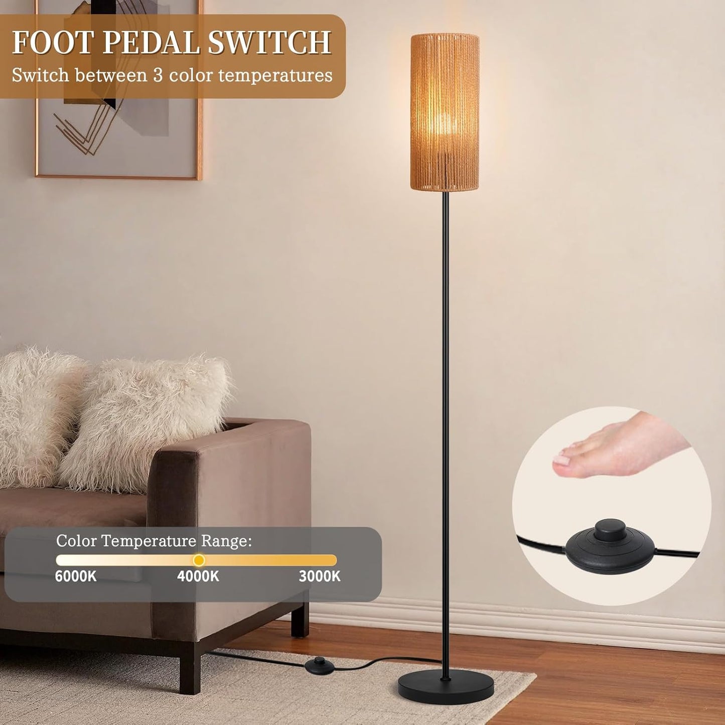 Floor Lamp for Living Room,Farmhouse Floor lamp,Modern Standing lamp with Hand-Worked Rattan Shade (Straight Line Rattan Shade- 3 Color Bulb)