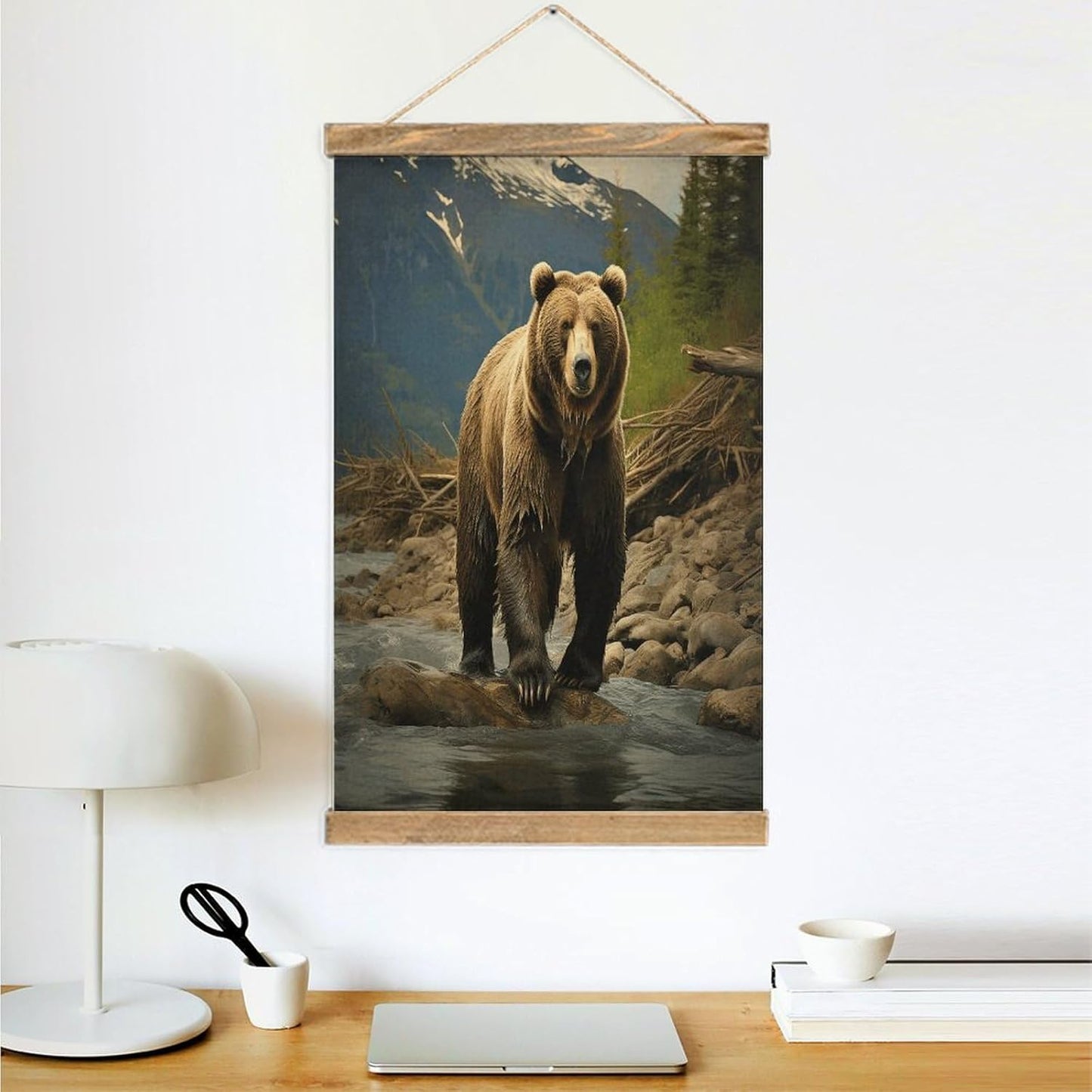 Vintage Brown Bear Poster with Wooden Frame Personalized Linen Hanging Scroll Painting Rustic Wall Hanging Illustrative Modern Artwork Decor for Home Living Room Bedroom Office