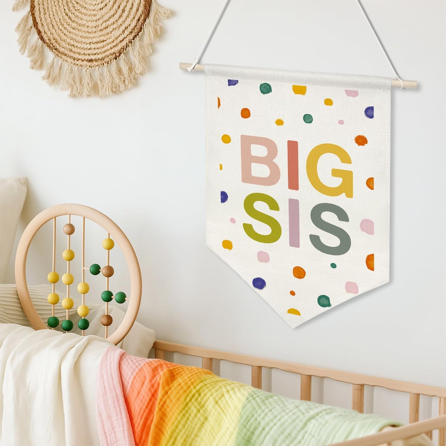 BIG SIS Wall Hanging Banner,Colorful Canvas Nursery Sign for Baby Girl, Little Sister Room Decor, Toddler Bedroom or Playroom Wall Hanging Poster, Lovely Gift for Newborn Girls or Big Sister Reveal 16x11inch(KD13)