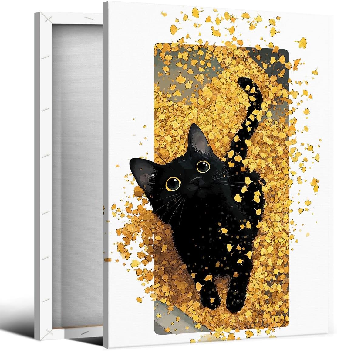 OAOPIC Black Cat Canvas Wall Art, Cat Sits Among Autumn Falling Maple Leaves Poster, Cozy Fall Season Halloween Wall Decor, Thanksgiving Day Cute Kitty Painting Gift for Animal Lover 8x12in Unframed