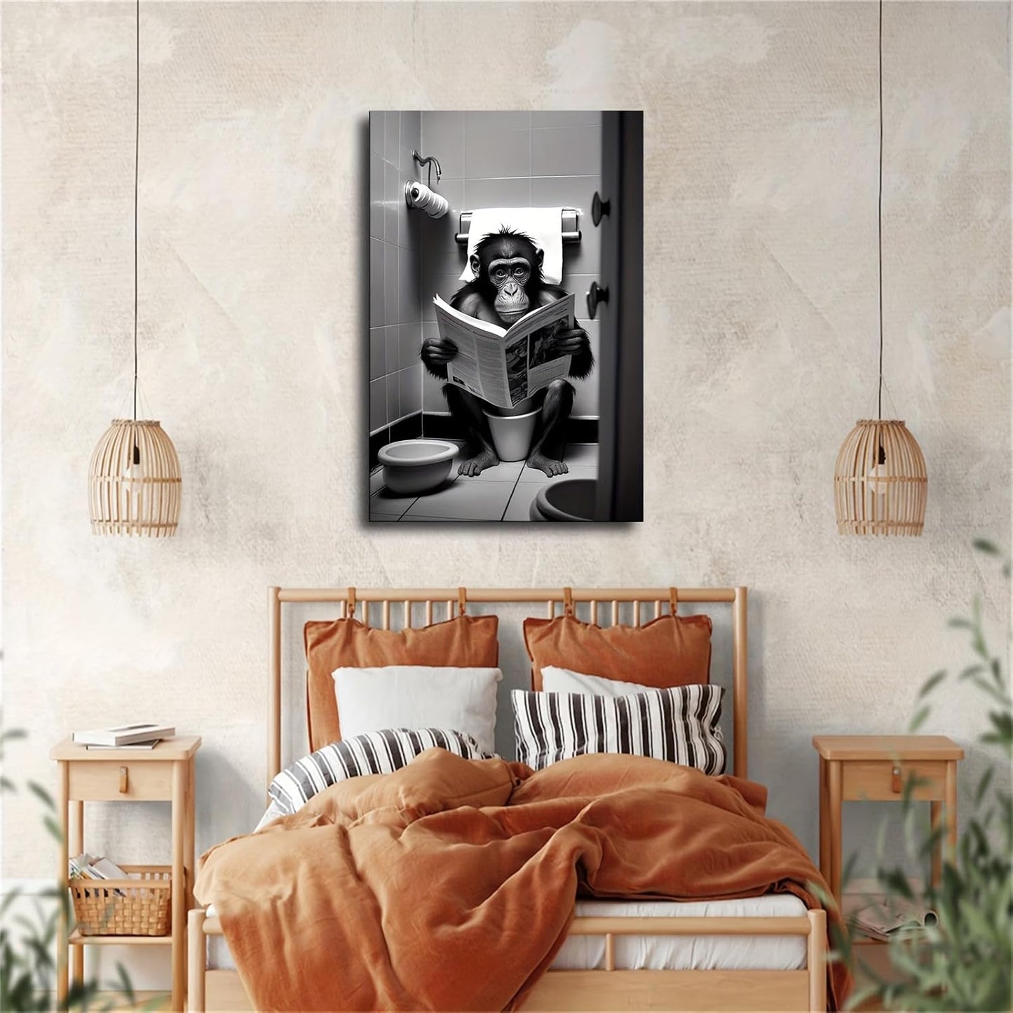 Monkey Sitting on the Toilet Reading a Newspaper, Funny Bathroom Canvas Wall Prints poster Modern Home Aesthetic Decor Wall art for Bedroom Dorm (16x24inch Framed)