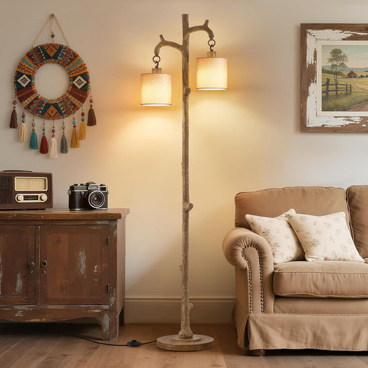 Rustic Floor Lamp for Living Room - Newly Upgraded Heavy-Duty Resin Base Farmhouse Floor Lamp with 2 Country Vintage Reading Light - Standing Lamps for Bedroom Office Home Decor (Brown, 2 Bulbs)