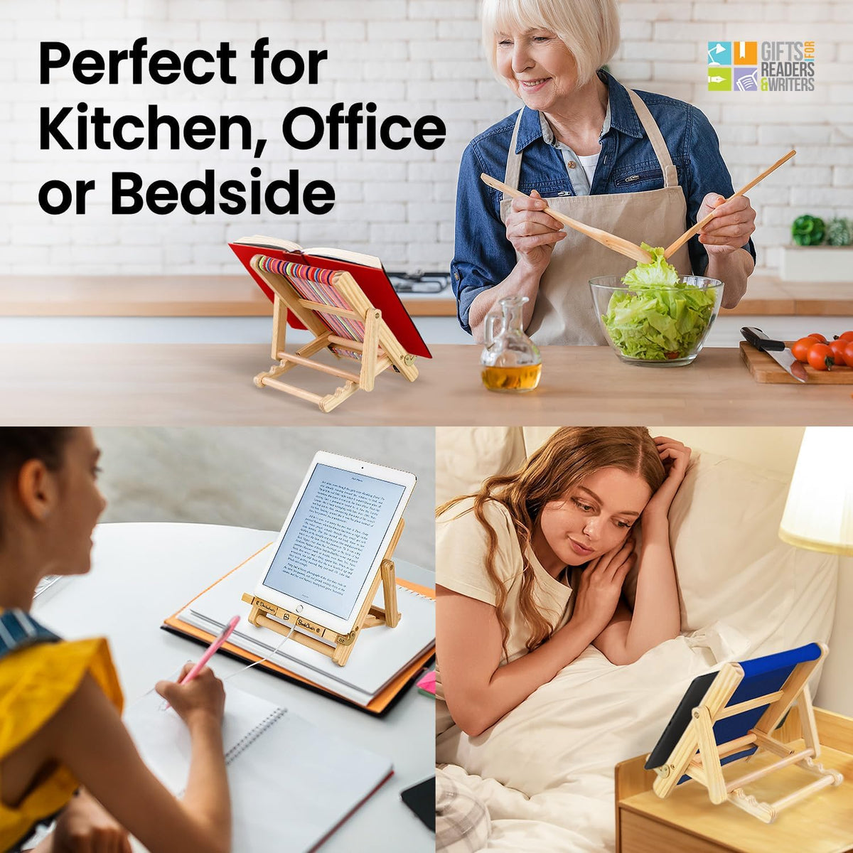 Gifts for Readers & Writers Book Stand Holders Wood Ipad Stand Blue, Stylish Wooden Book Holders for Reading Hands Free, Compact and Portable Wooden Cookbook Stands, Textbook Holder