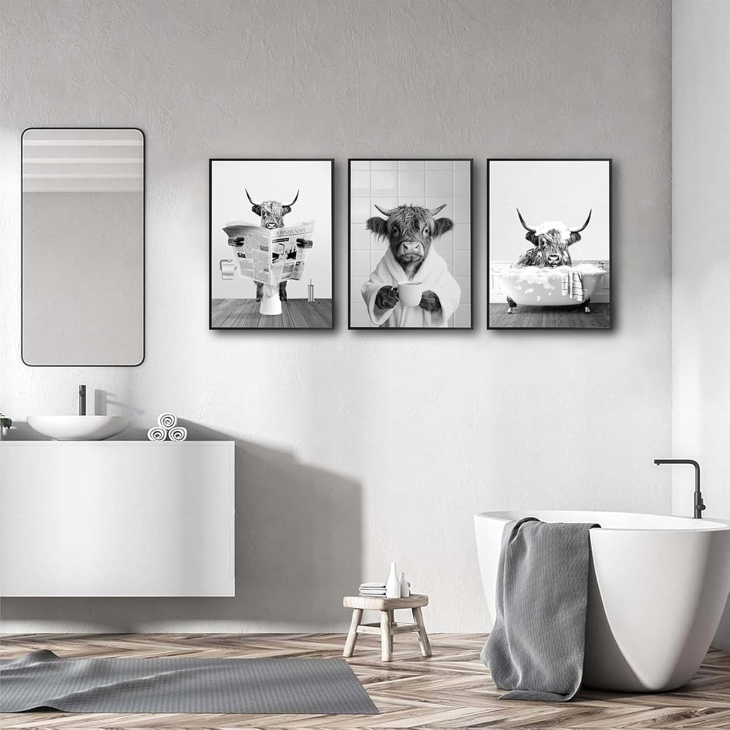 3pcs Funny Highland Cow Bathroom Wall Art Black and White Animal Poster Prints Newspaper Reading Bathtub Highland Cow Pictuer Painting Rustic Farmhouse Bathroom Wall Decor（16×24in Unframed）