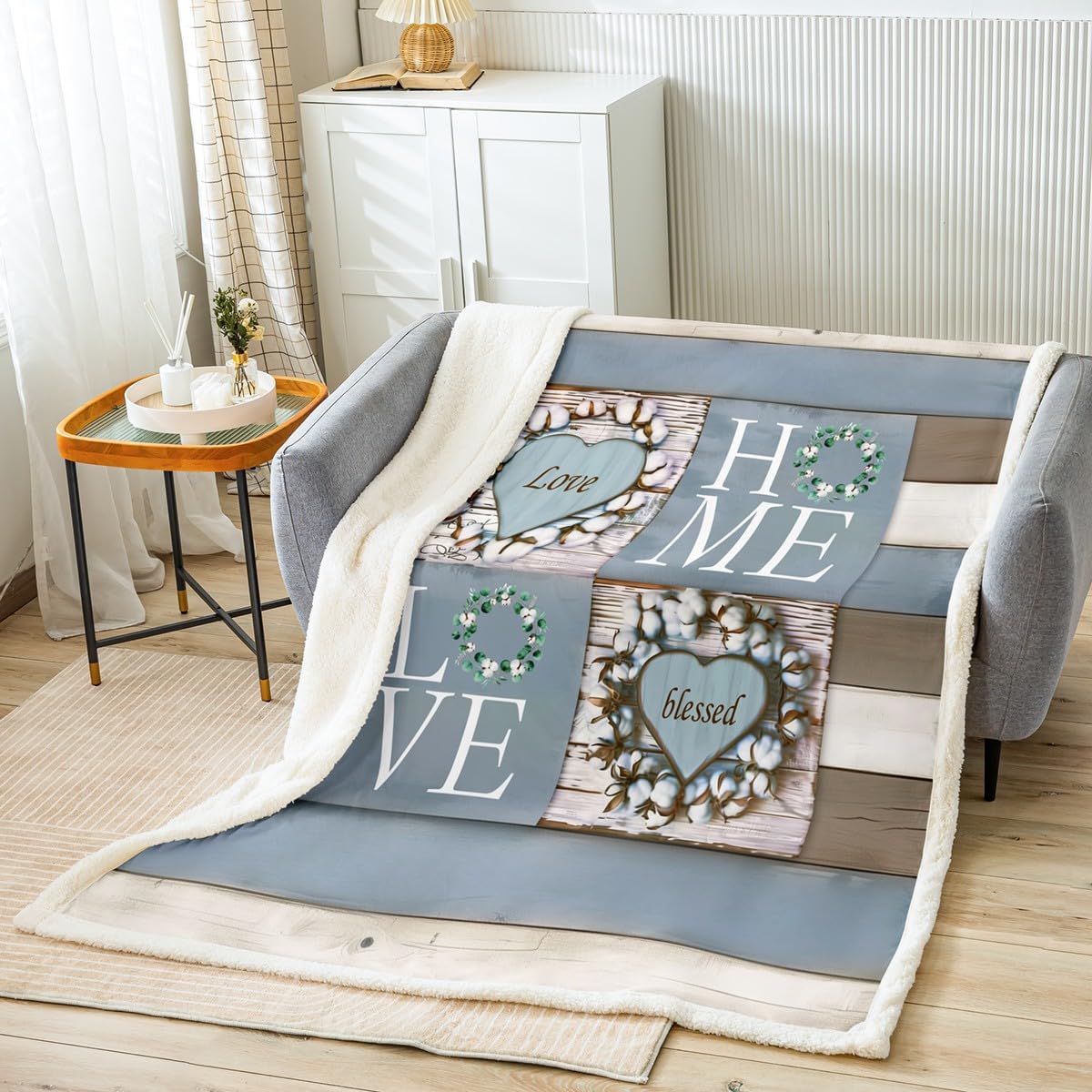 Erosebridal Rustic Floral Fleece Blanket, Flower Sweet Love Home Throw Blanket Throw Size for Teens Adult Women, Farmhouse Country Sherpa Blanket Vintage Wood Plank Fuzzy Blanket, Blue and Brown