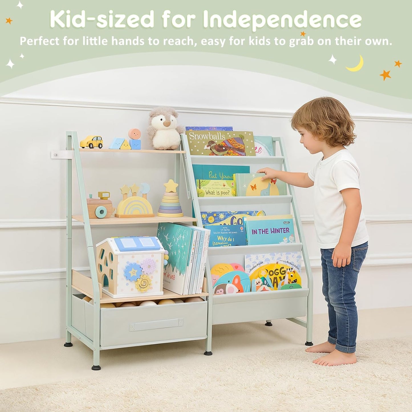 Fabuday Kids Bookshelf and Toy Storage Organizer - 4 Tiers Toddler Baby Sling Book Shelves for Kids Room, 3 Tier Montessori Childrens Bookcase for Nursery, Playroom, Classroom, Small Spaces