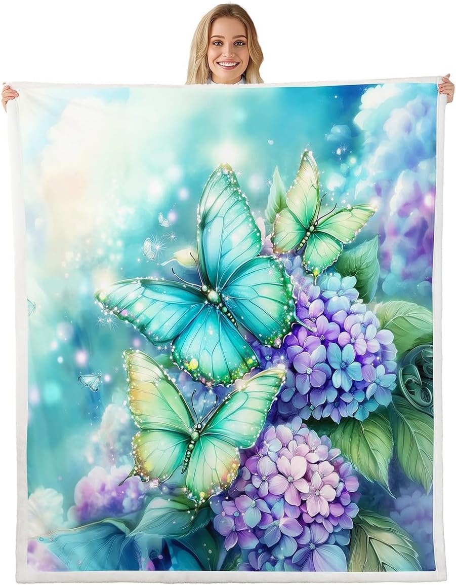 Teal Butterfly Fleece Blankets,Romantic Purple Hydrangea Flowers Throw Blanket for Sofa Adults,Watercolor Spring Floral Garden Paint Soft Blanket Bed Couch,Queen (90 x 90 Inches)
