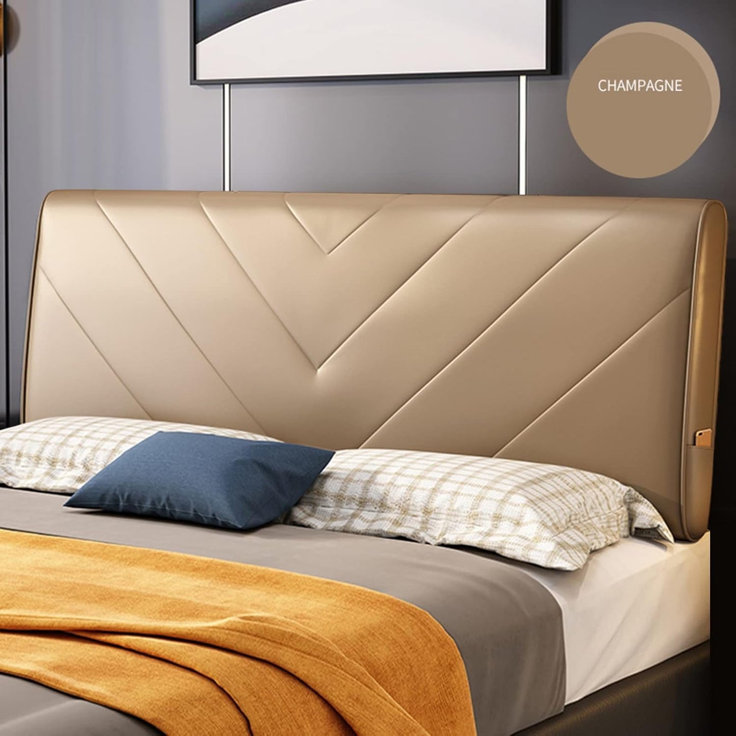 Headboard Bed Backrest Cushion PU Reading Pillow Skin-Friendly Lumbar Support Upholstered Used for Single Double Bed Customizable (Color : Champagne Size : 150X60X10CM) (Champagne 160X60X10CM)