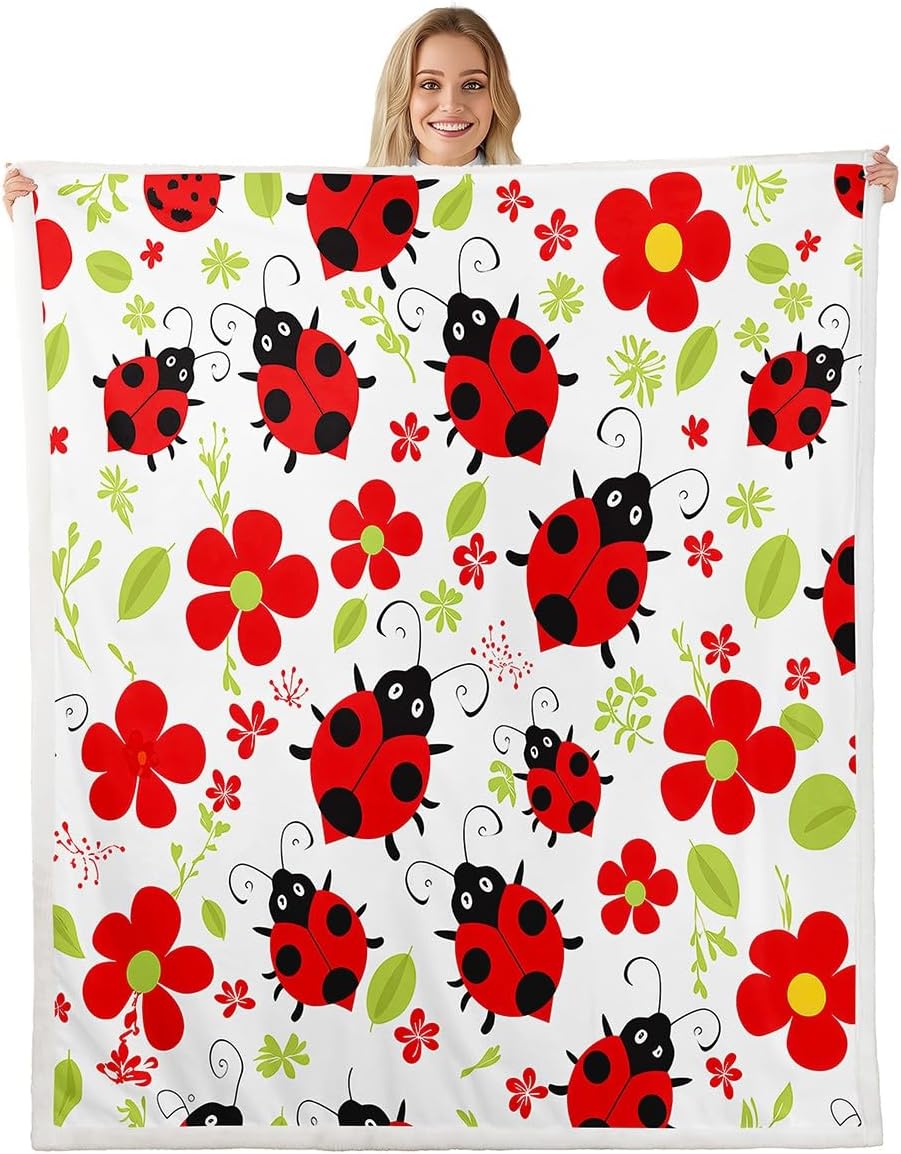 Feelyou Ladybug Fleece Throw Blanket Botanical Floral Floral Printed Sherpa Blanket for Kids Boys Girls Flying s Plush Blanket Cartoon Animal Decor for Sofa Bed Couch,Baby 30x40 Inch